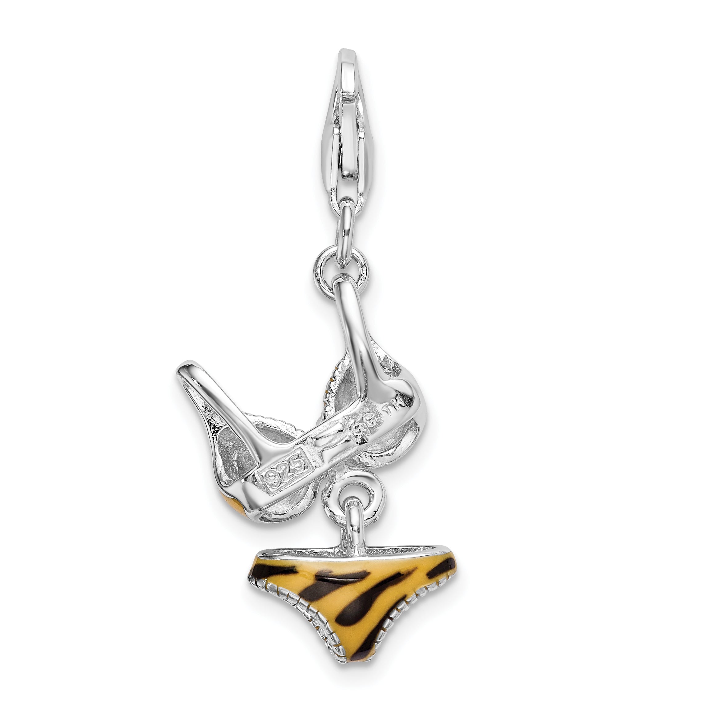 Amore La Vita Sterling Silver Rhodium-plated Polished 3-D CZ Enameled Tiger Bikini Pendant