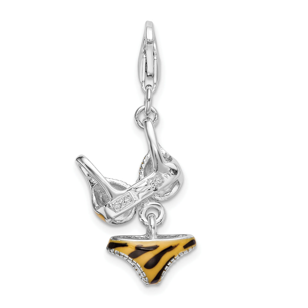 Amore La Vita Sterling Silver Rhodium-plated Polished 3-D CZ Enameled Tiger Bikini Pendant