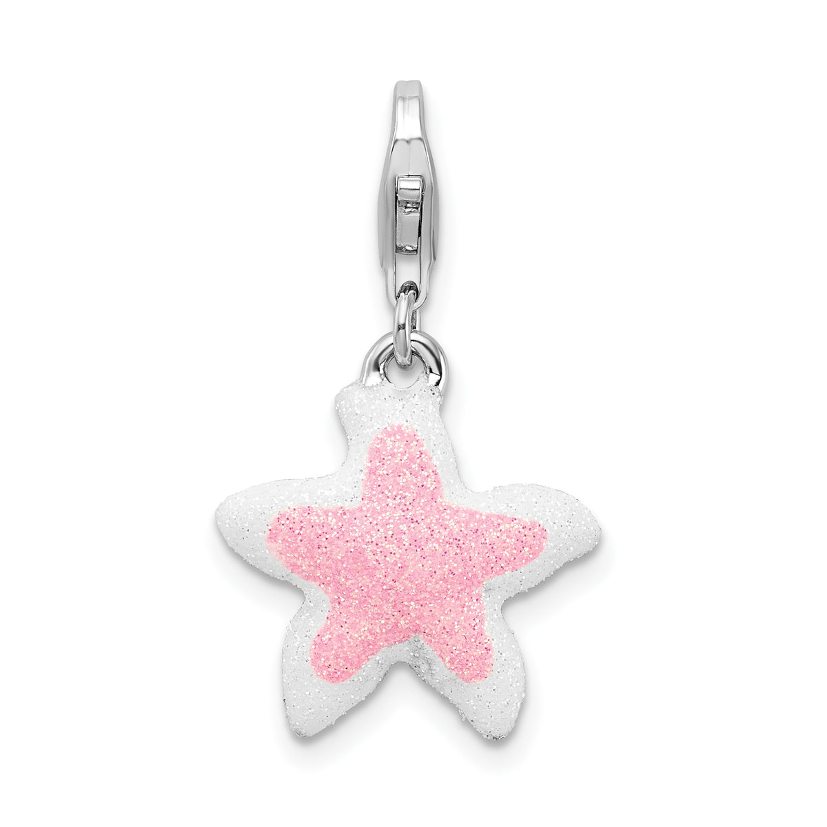 Amore La Vita Sterling Silver Rhodium-plated Enameled Pink Sparkle Starfish Charm with Fancy Lobster Clasp