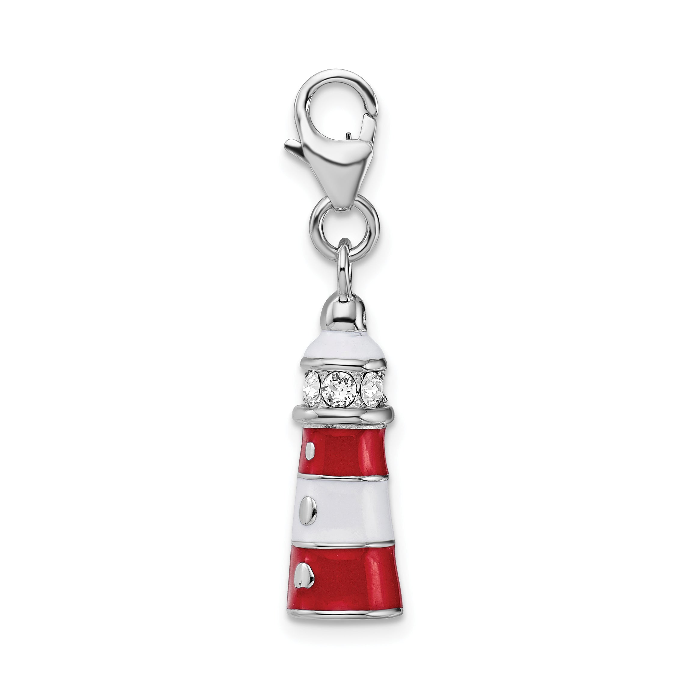 Amore La Vita Sterling Silver Rhodium-plated Polished 3-D Red Enameled Crystal Lighthouse Charm with Fancy Lobster Clasp Secondary image