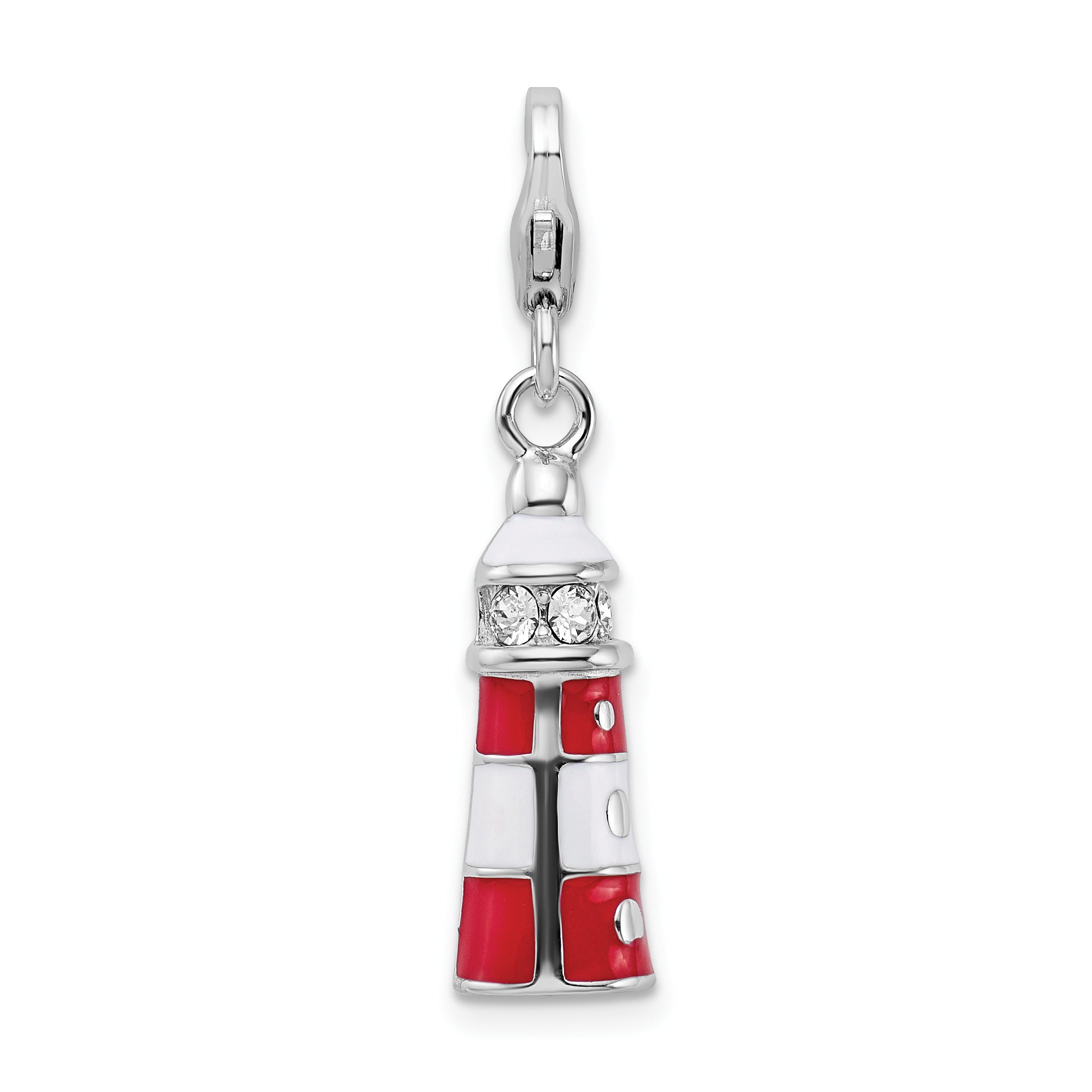 Amore La Vita Sterling Silver Rhodium-plated Polished 3-D Red Enameled Swarovski Crystal Lighthouse Charm with Fancy Lobster Clasp Main image
