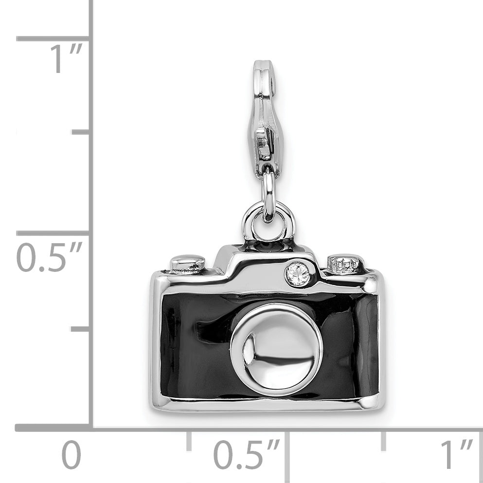 Amore La Vita Sterling Silver Rhodium-plated Polished 3-D Enameled Crystal From Crystal Camera Charm with Fancy Lobster Clasp