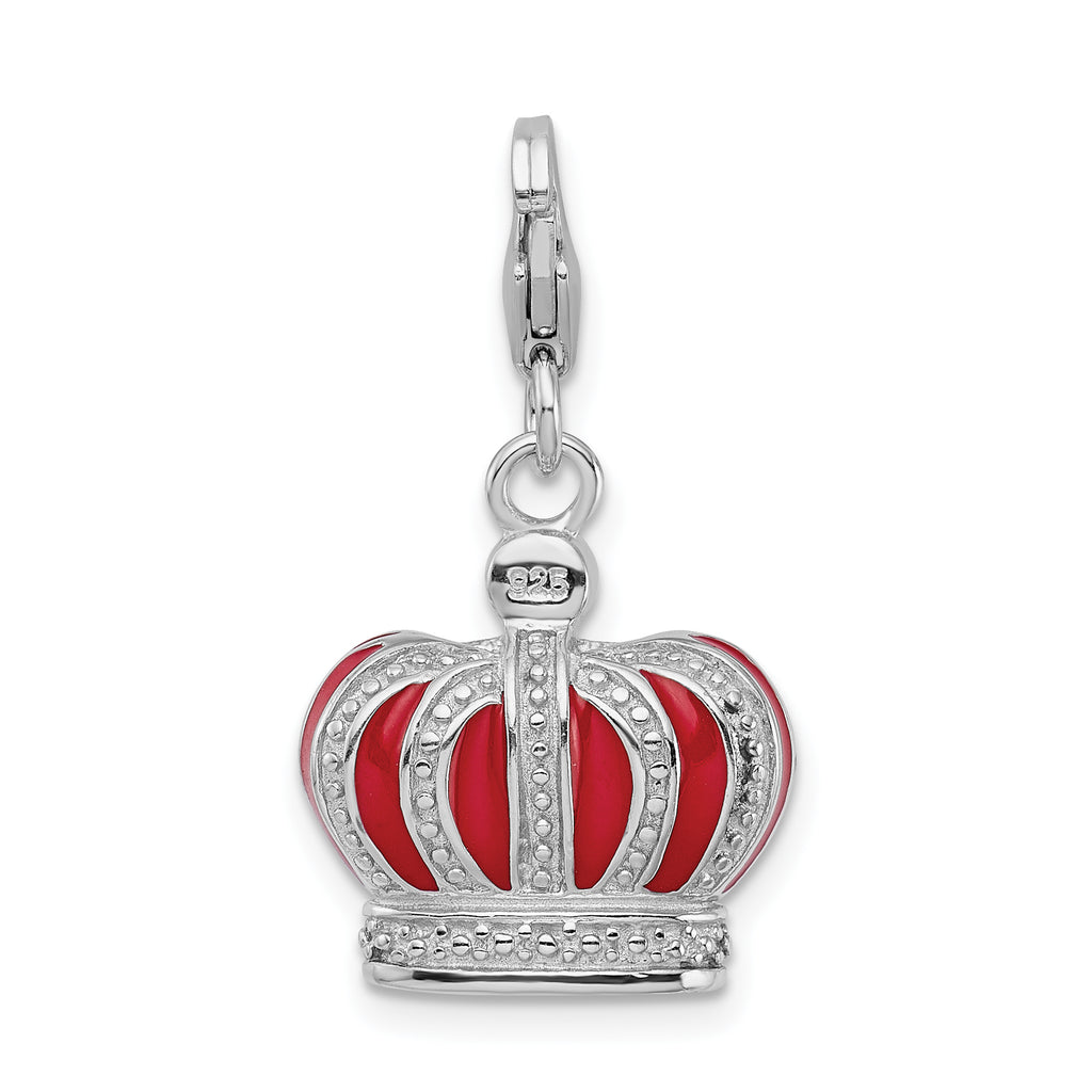 Amore La Vita Sterling Silver Rhodium-plated Polished 3-D Crystal From Crystal and Red Enameled Crown Charm with Fancy Lobster Clasp