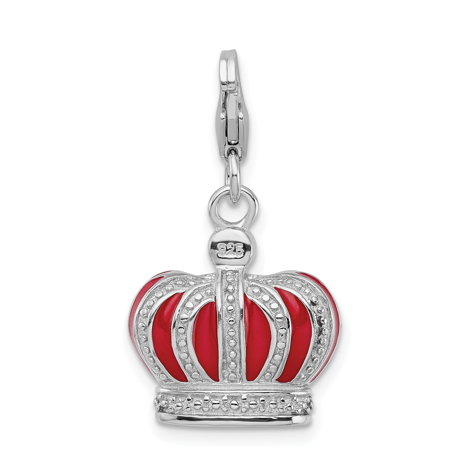 Amore La Vita Sterling Silver Rhodium-plated Polished 3-D Crystal From Crystal and Red Enameled Crown Charm with Fancy Lobster Clasp