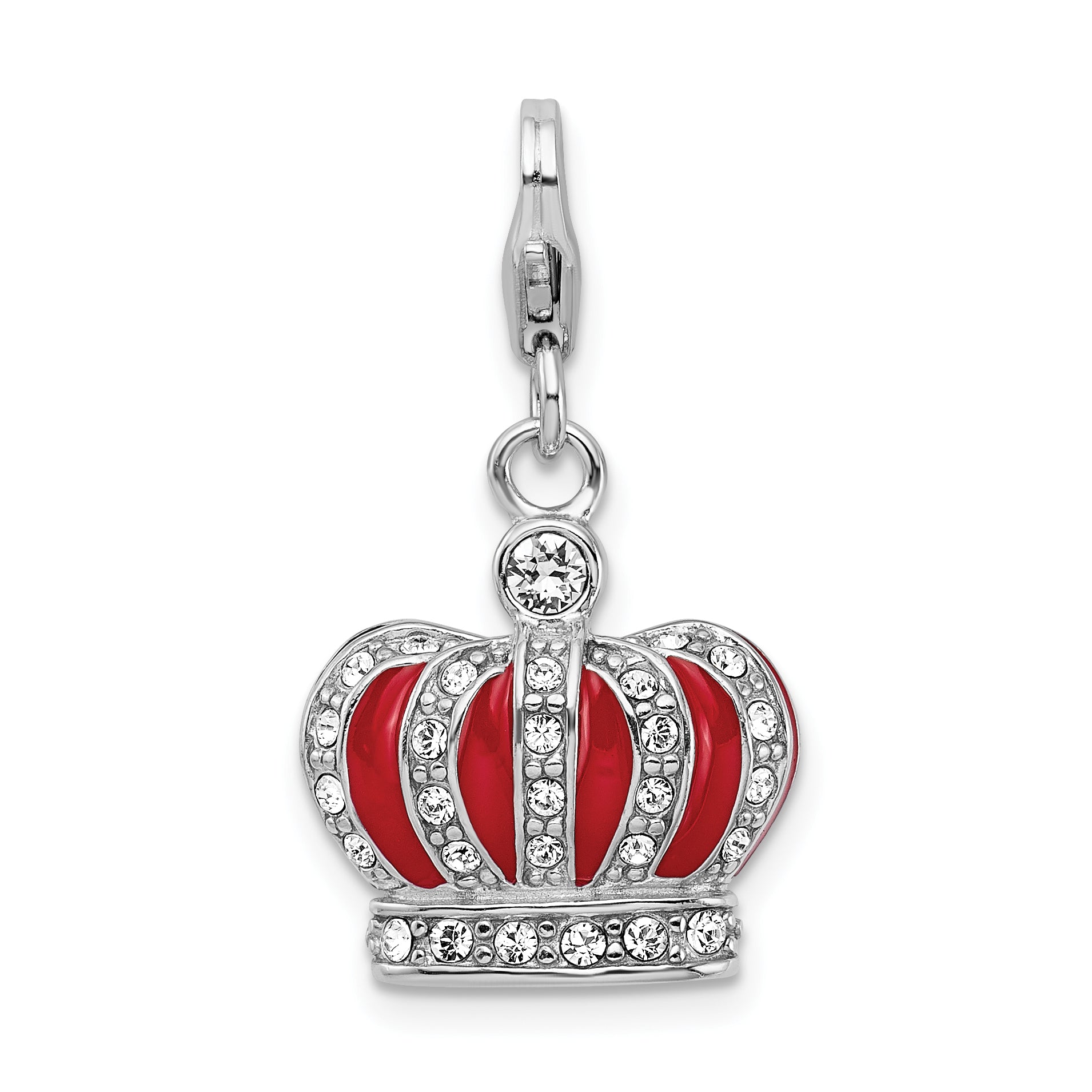 Amore La Vita Sterling Silver Rhodium-plated Polished 3-D Crystal From Swarovski and Red Enameled Crown Charm with Fancy Lobster Clasp Main image