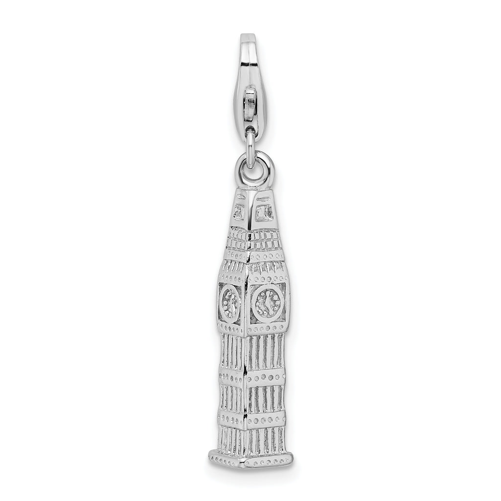 Amore La Vita Sterling Silver Rhodium-plated Polished 3-D Polished Clock Tower Charm with Fancy Lobster Clasp