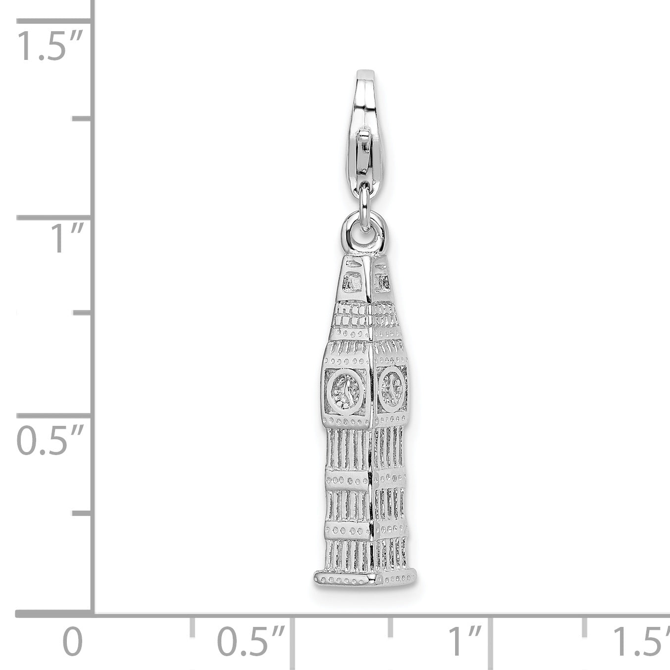 Amore La Vita Sterling Silver Rhodium-plated Polished 3-D Polished Clock Tower Charm with Fancy Lobster Clasp