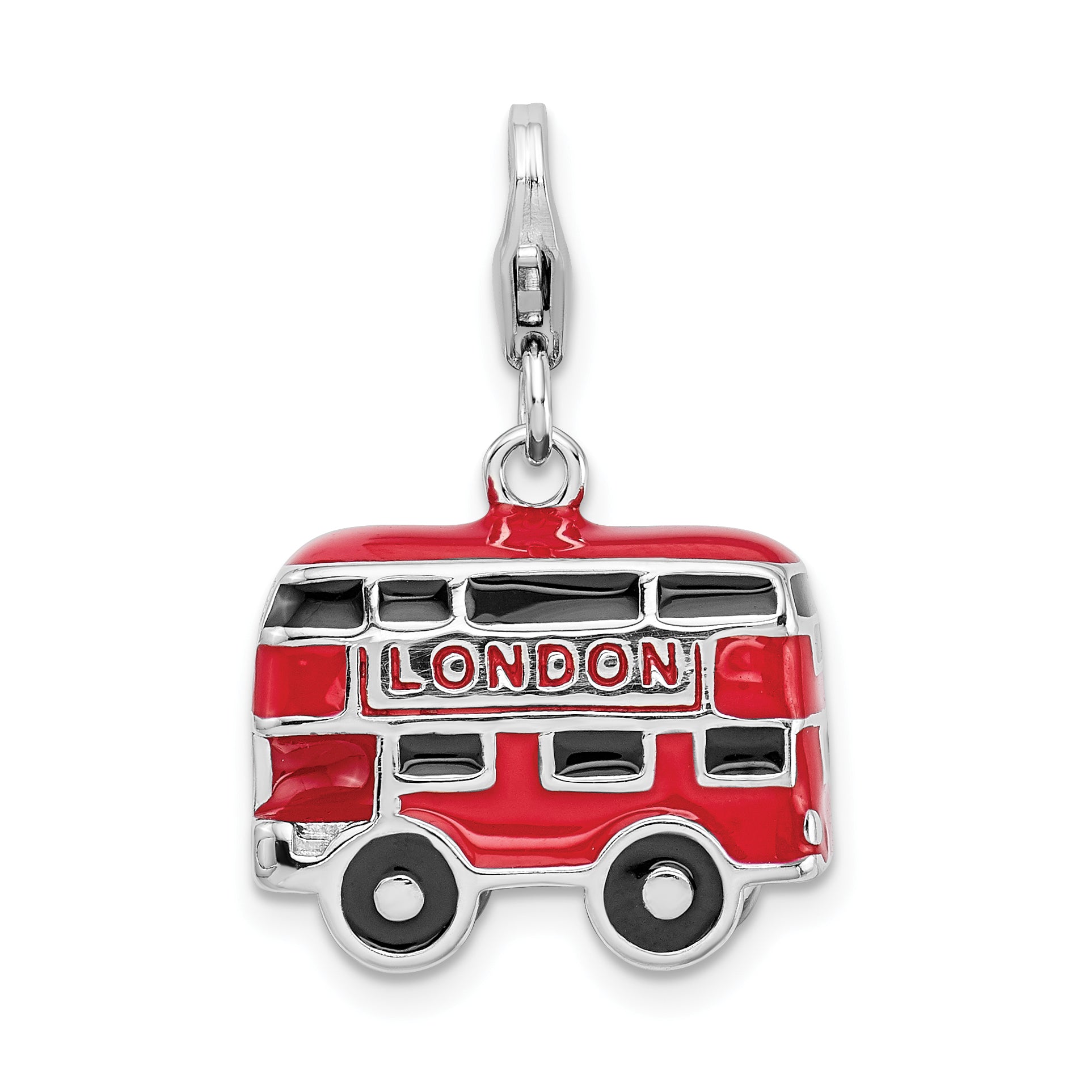 Amore La Vita Sterling Silver Rhodium-plated Polished 3-D Enameled Double Decker London Bus Charm with Fancy Lobster Clasp Main image