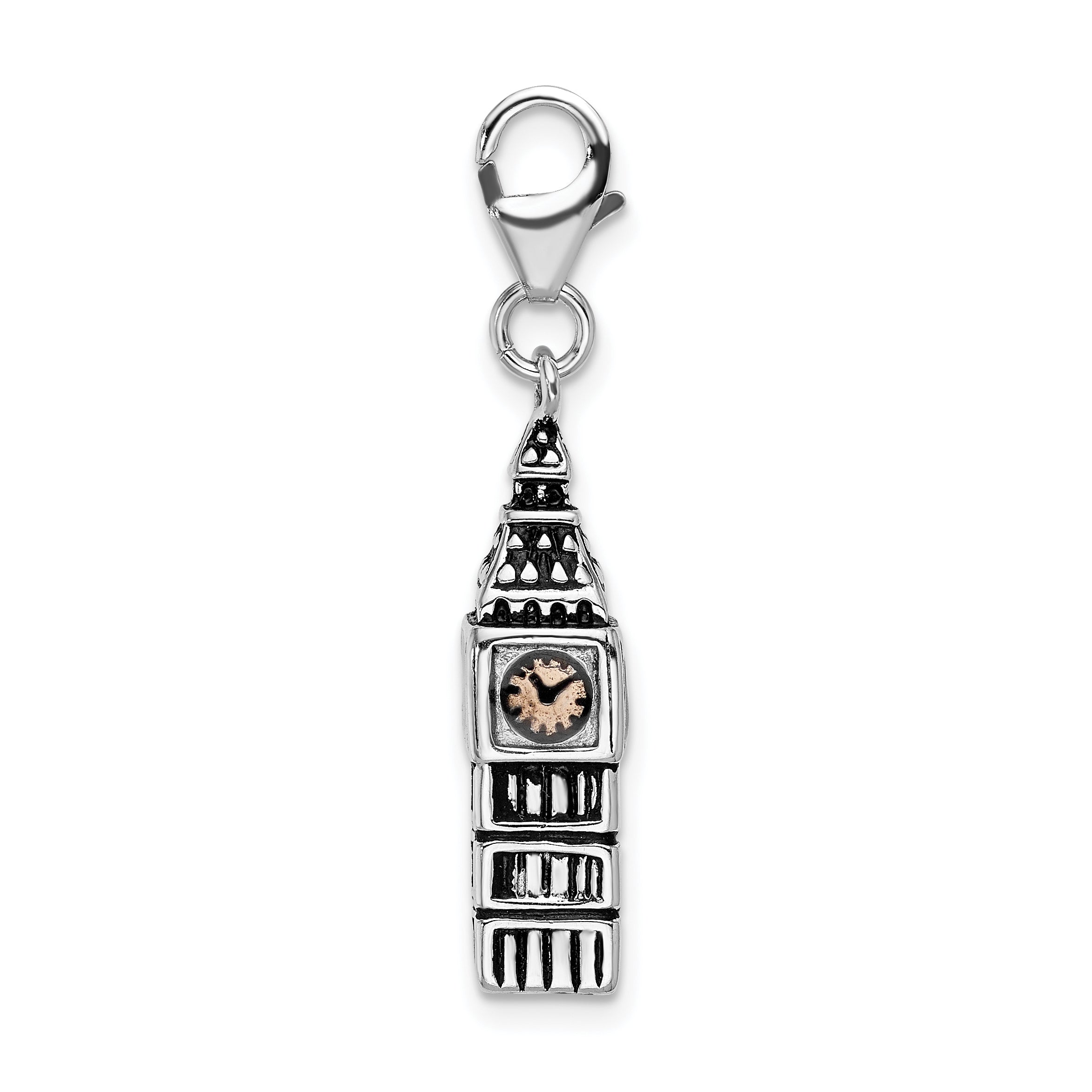 Amore La Vita Sterling Silver Rhodium-plated Polished 3-D Antiqued Big Ben Charm with Fancy Lobster Clasp