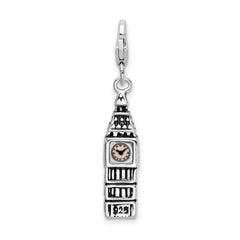 Amore La Vita Sterling Silver Rhodium-plated Polished 3-D Antiqued Big Ben Charm with Fancy Lobster Clasp