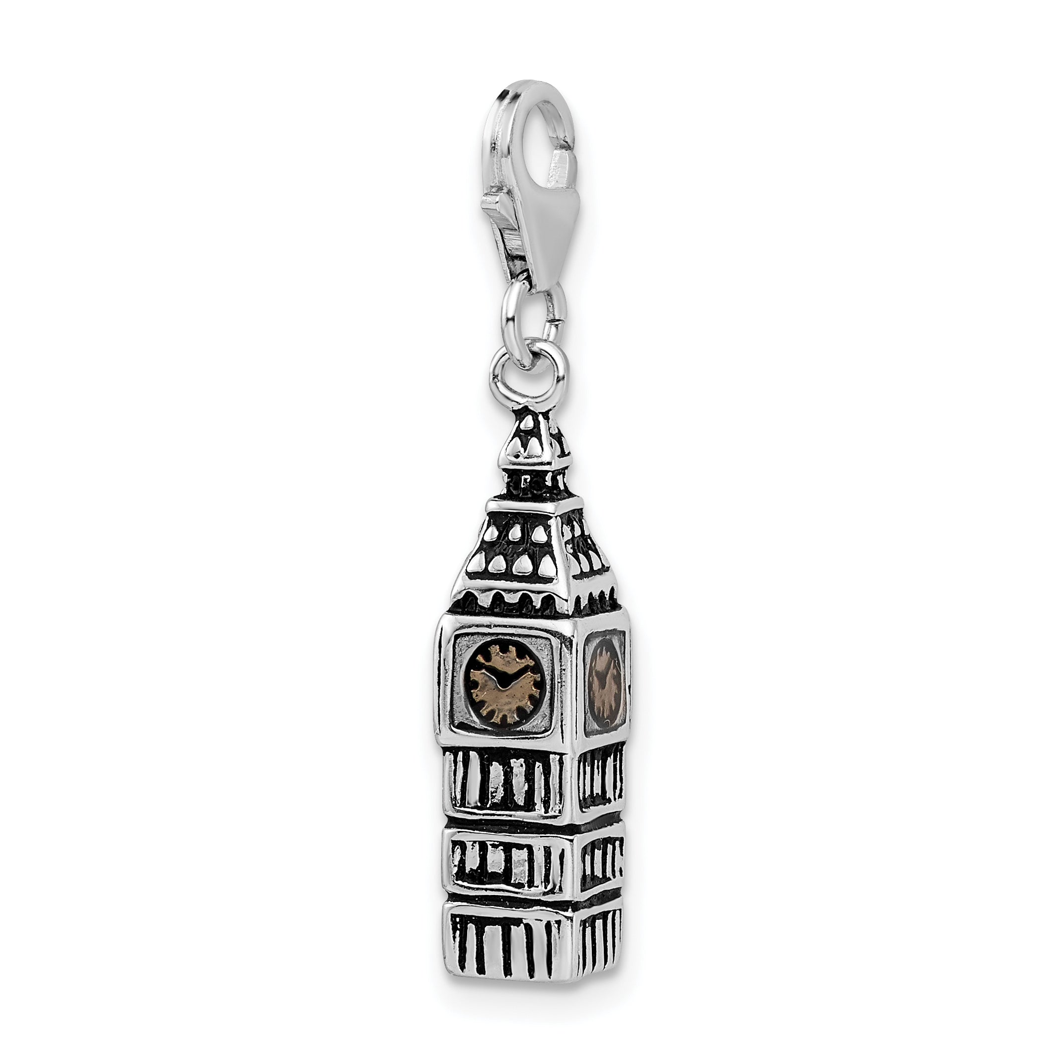 Amore La Vita Sterling Silver Rhodium-plated Polished 3-D Antiqued Big Ben Charm with Fancy Lobster Clasp