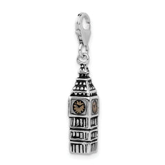 Amore La Vita Sterling Silver Rhodium-plated Polished 3-D Antiqued Big Ben Charm with Fancy Lobster Clasp