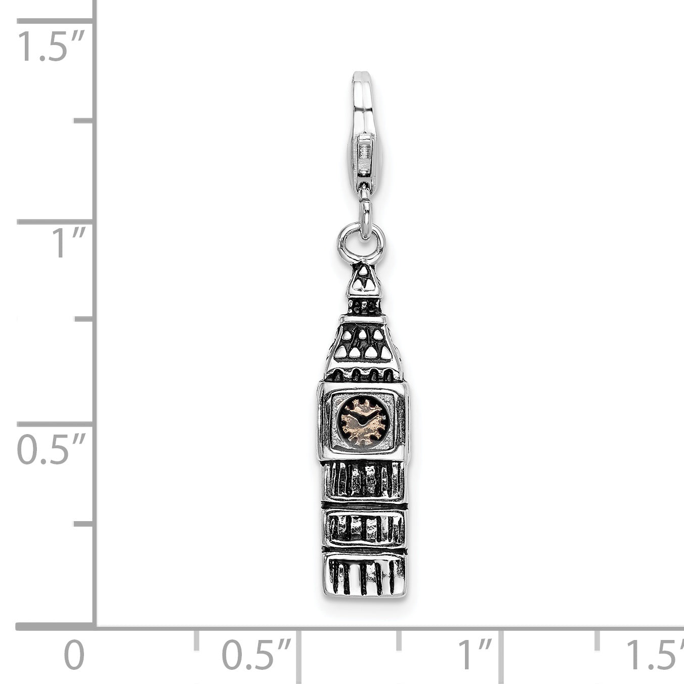 Amore La Vita Sterling Silver Rhodium-plated Polished 3-D Antiqued Big Ben Charm with Fancy Lobster Clasp