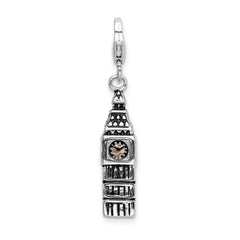 Amore La Vita Sterling Silver Rhodium-plated Polished 3-D Antiqued Big Ben Charm with Fancy Lobster Clasp