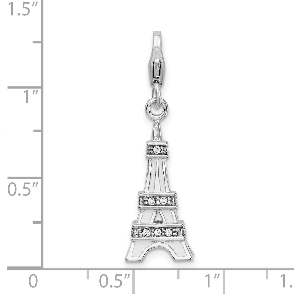Amore La Vita Sterling Silver Rhodium-plated Polished 3-D Enameled Crystal From Crystal Eiffel Tower Charm with Fancy Lobster Clasp