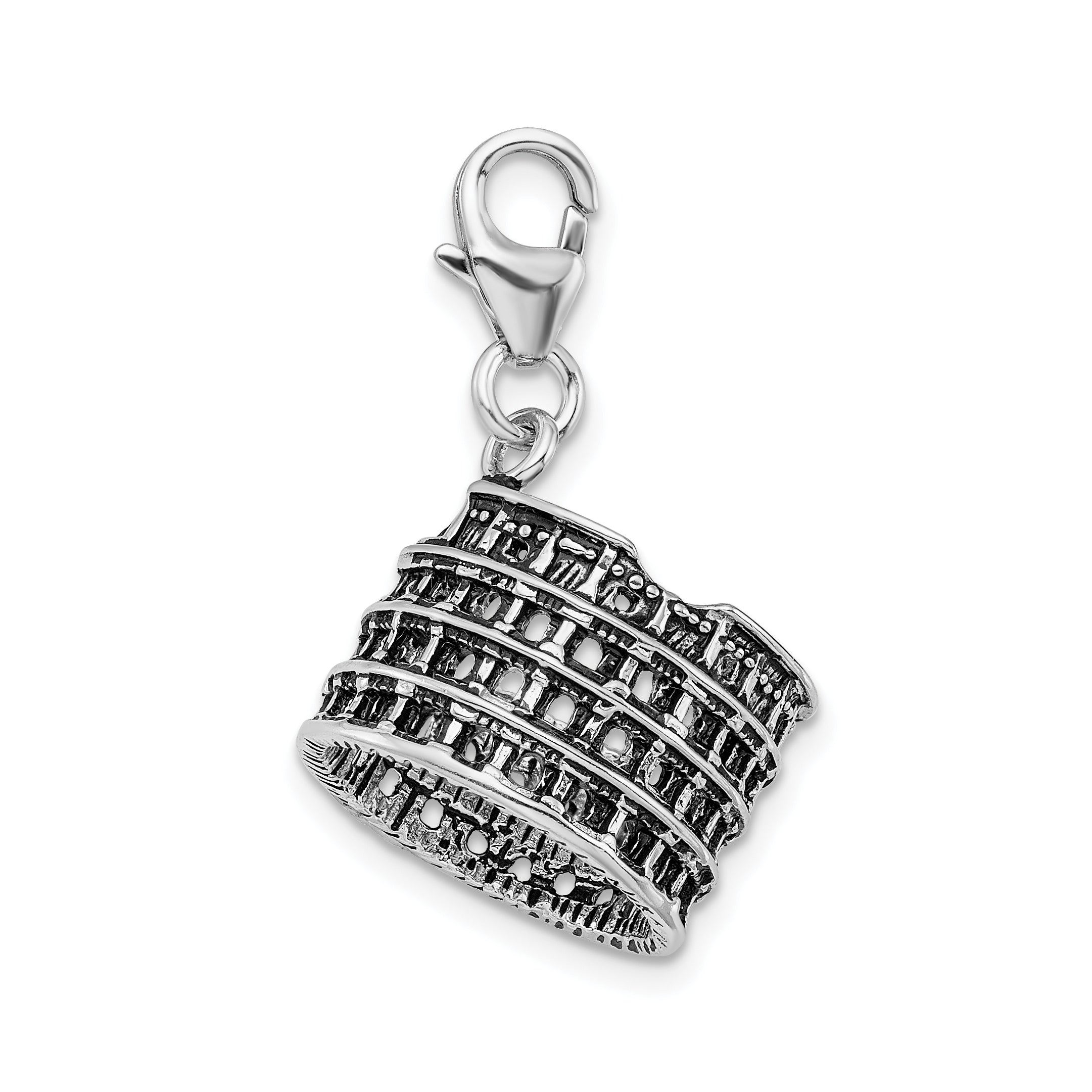 Amore La Vita Sterling Silver Rhodium-plated Polished 3-D Antiqued Coliseum Charm with Fancy Lobster Clasp