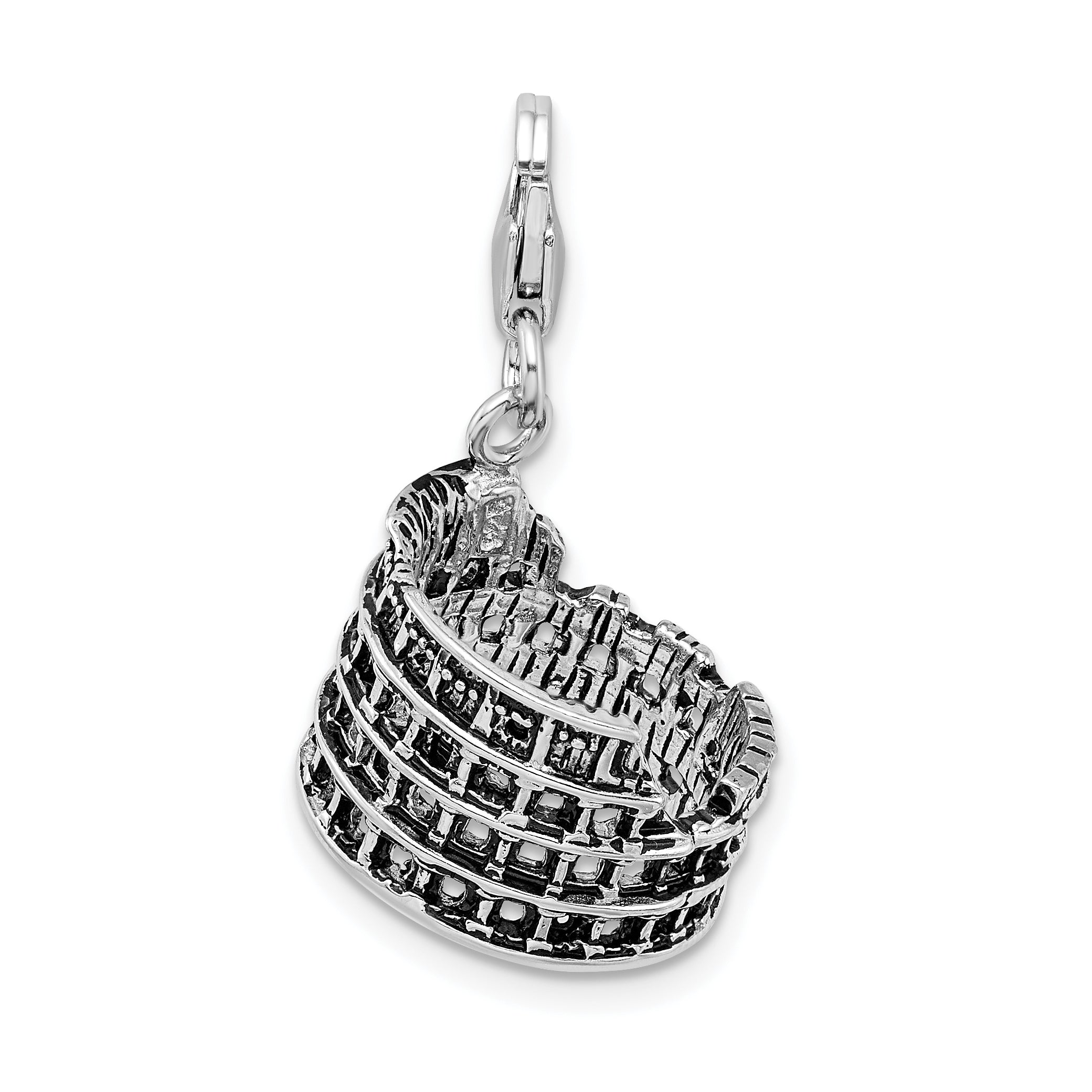 Amore La Vita Sterling Silver Rhodium-plated Polished 3-D Antiqued Coliseum Charm with Fancy Lobster Clasp