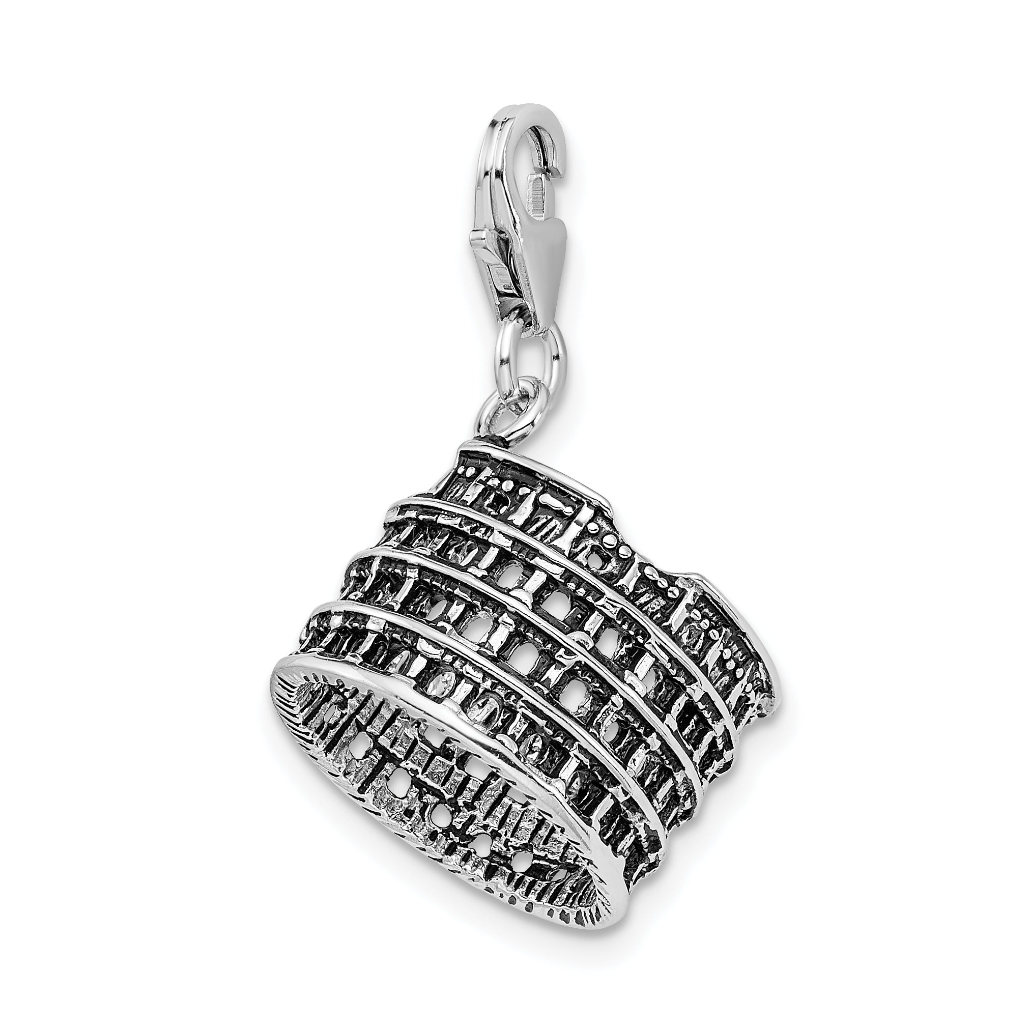 Amore La Vita Sterling Silver Rhodium-plated Polished 3-D Antiqued Coliseum Charm with Fancy Lobster Clasp