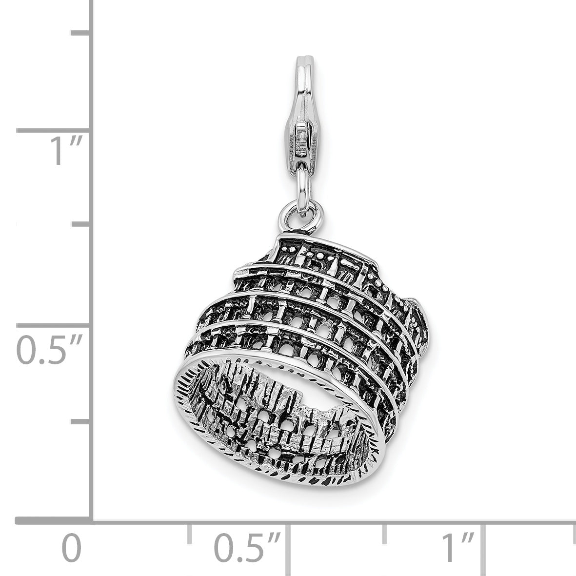 Amore La Vita Sterling Silver Rhodium-plated Polished 3-D Antiqued Coliseum Charm with Fancy Lobster Clasp