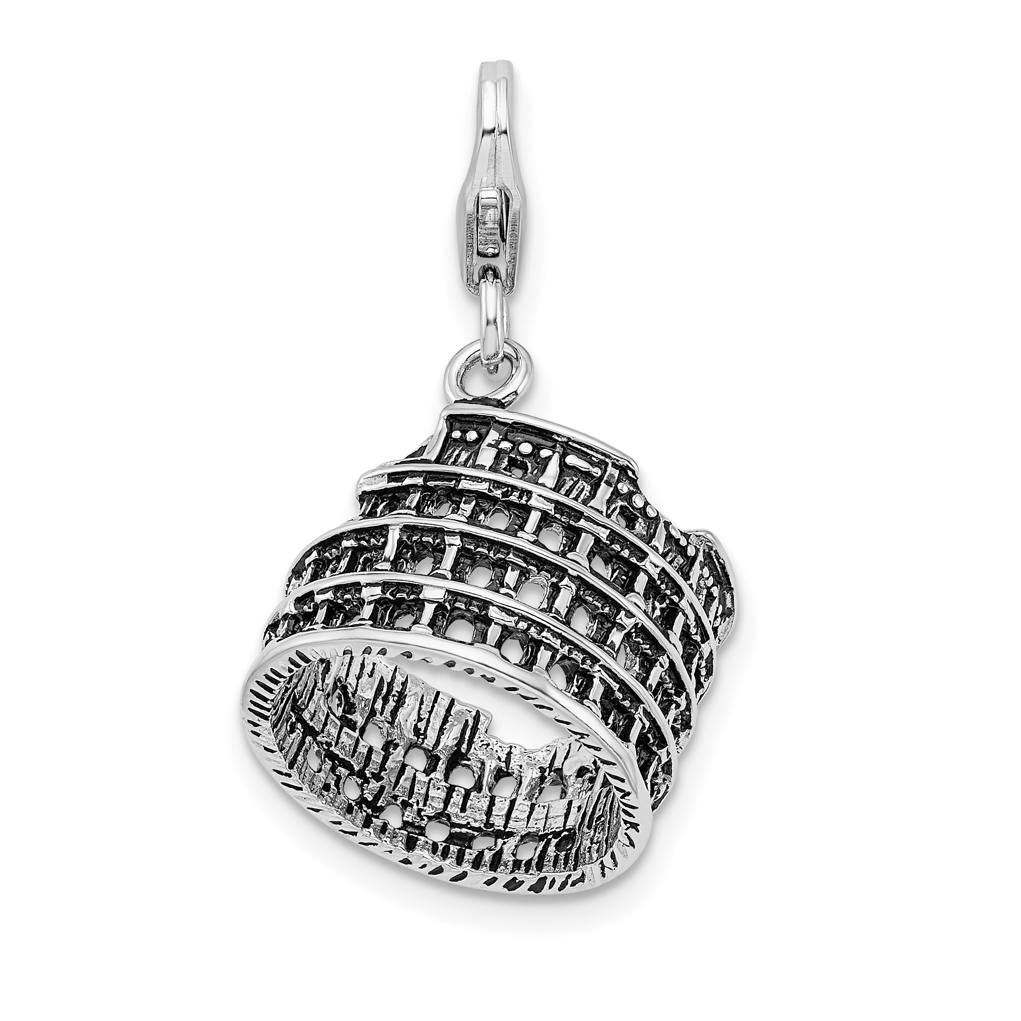 Amore La Vita Sterling Silver Rhodium-plated Polished 3-D Antiqued Coliseum Charm with Fancy Lobster Clasp Main image