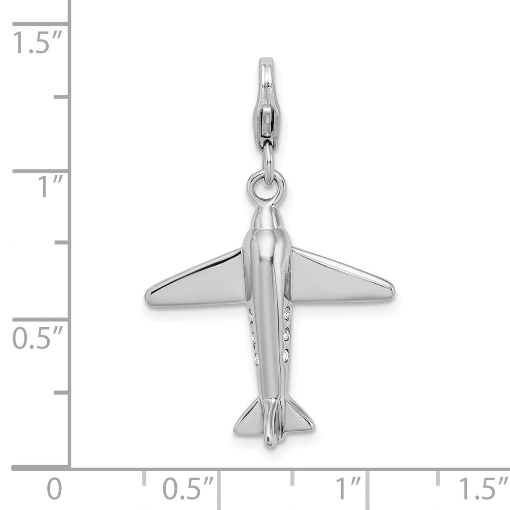 Amore La Vita Sterling Silver Rhodium-plated Polished 3-D Crystal From Crystal Airplane Charm with Fancy Lobster Clasp