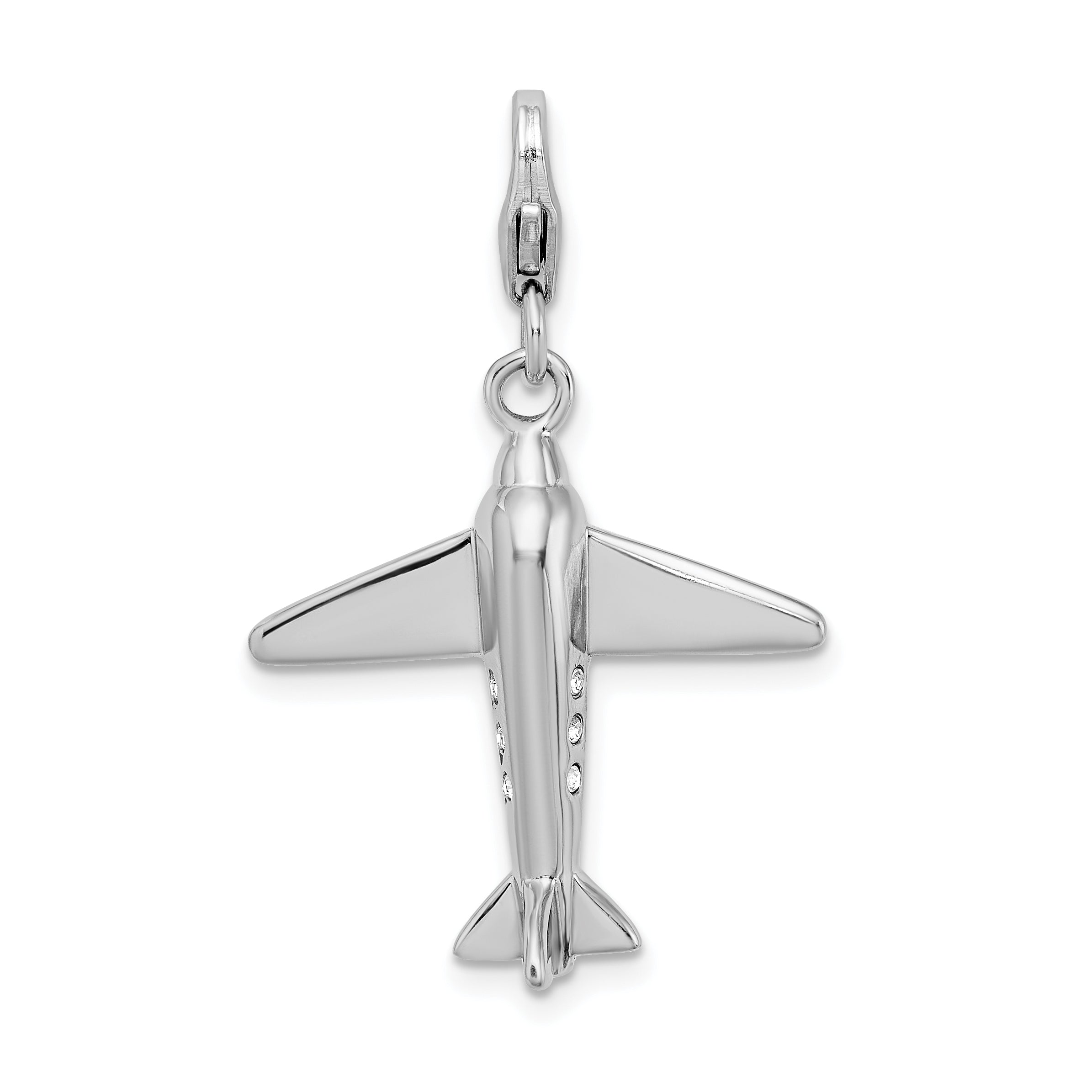 Amore La Vita Sterling Silver Rhodium-plated Polished 3-D Crystal From Swarovski Airplane Charm with Fancy Lobster Clasp Main image