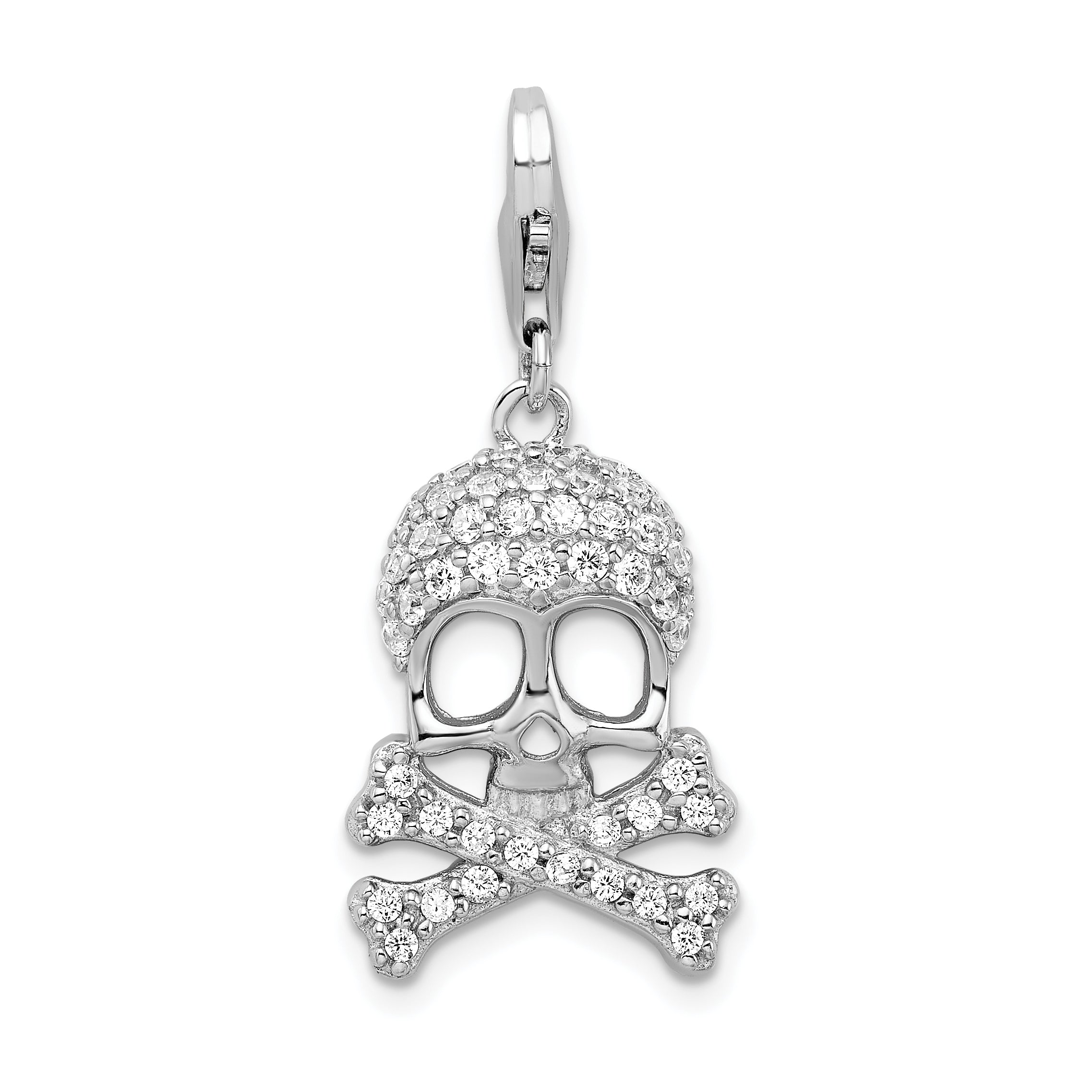 Amore La Vita Sterling Silver Rhodium-plated Polished CZ Skull and Cross Bones Charm with Fancy Lobster Clasp Main image