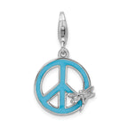 Amore La Vita Sterling Silver Rhodium-plated Polished Enameled Peace Sign with Dragonfly Charm with Fancy Lobster Clasp