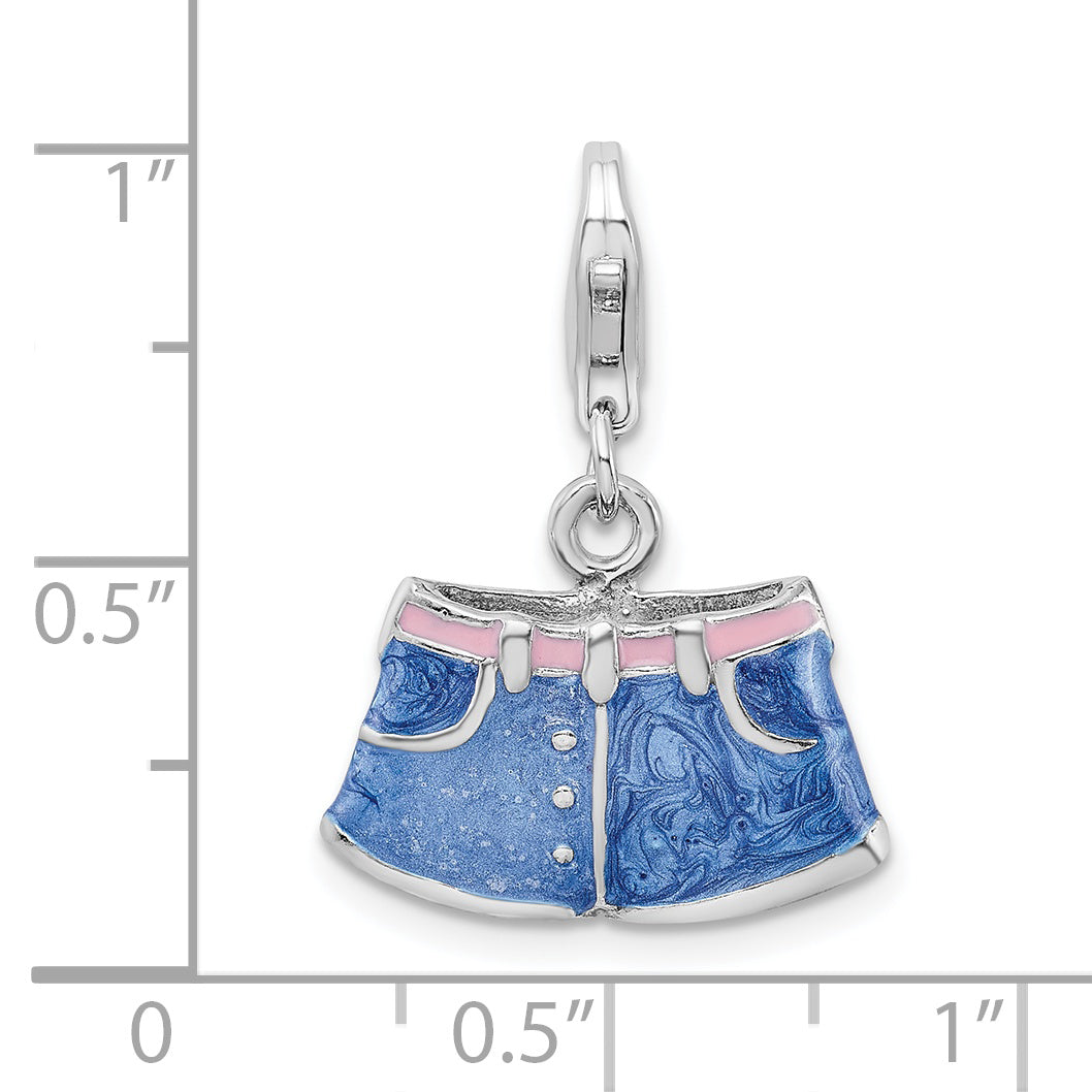 Amore La Vita Sterling Silver Rhodium-plated Polished 3-D Enameled Blue Jean Shorts Charm with Fancy Lobster Clasp