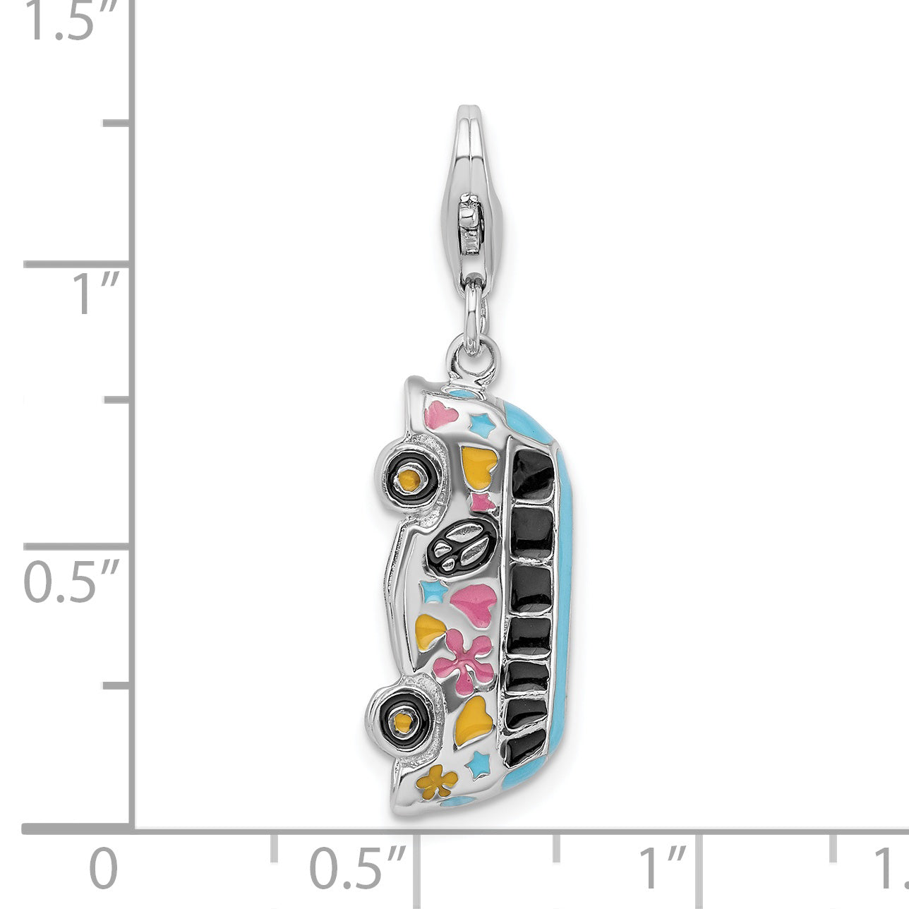 Amore La Vita Sterling Silver Rhodium-plated Polished 3-D Enameled Hippie Bus Charm with Fancy Lobster Clasp