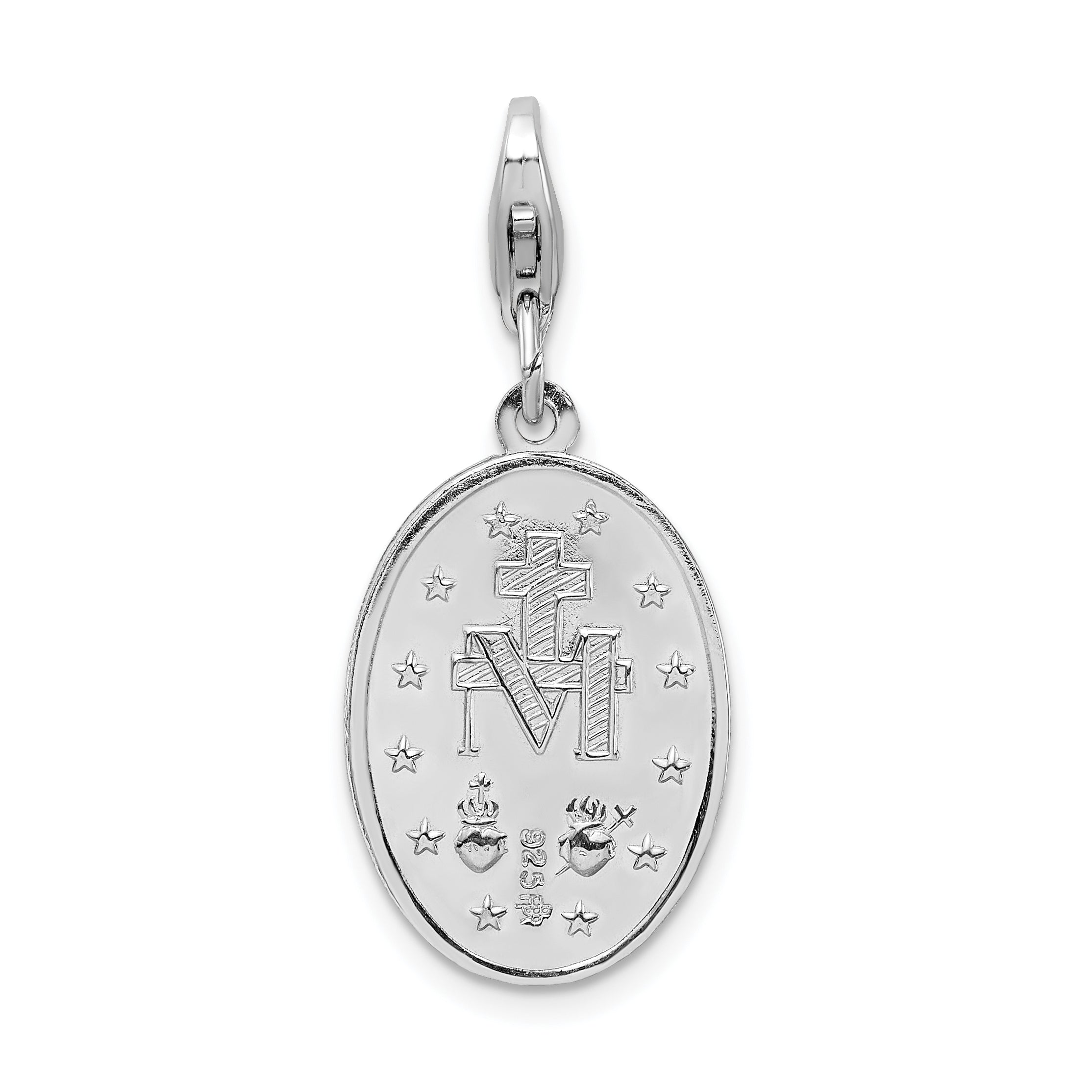 Amore La Vita Sterling Silver Rhodium-plated Polished Miraculous Medal Charm with Fancy Lobster Clasp