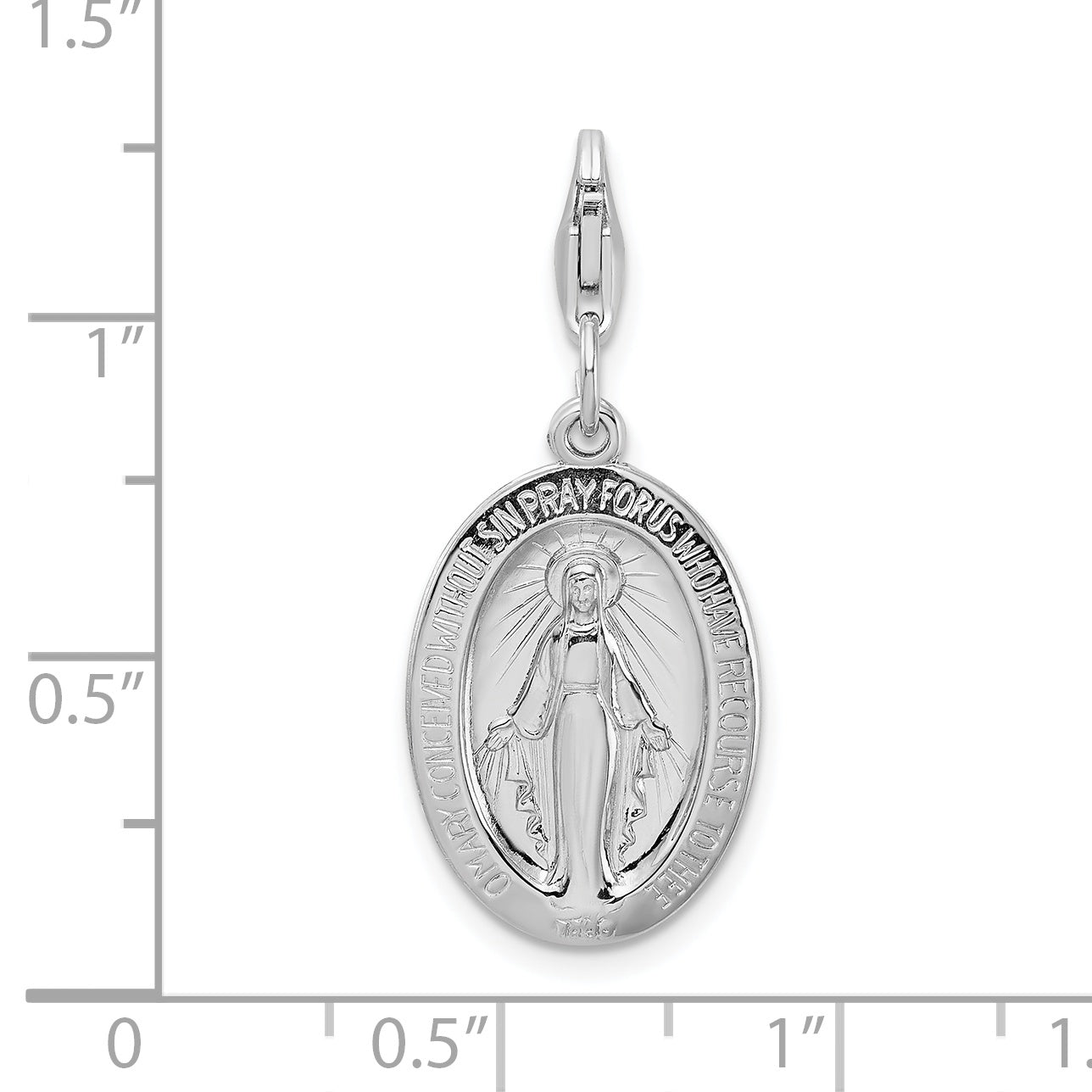 Amore La Vita Sterling Silver Rhodium-plated Polished Miraculous Medal Charm with Fancy Lobster Clasp