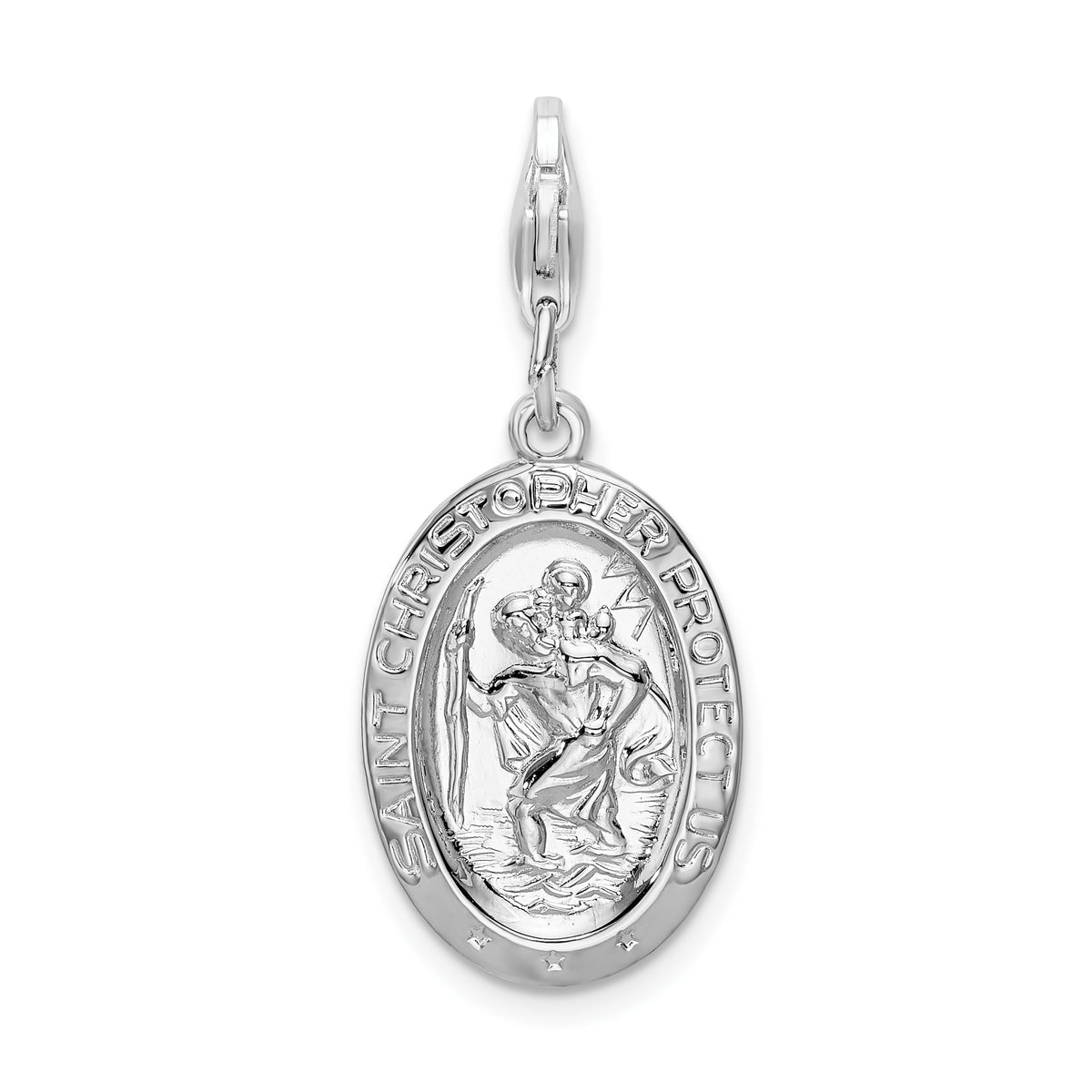 Amore La Vita Sterling Silver Rhodium-plated Polished Saint Christopher Medal Charm with Fancy Lobster Clasp