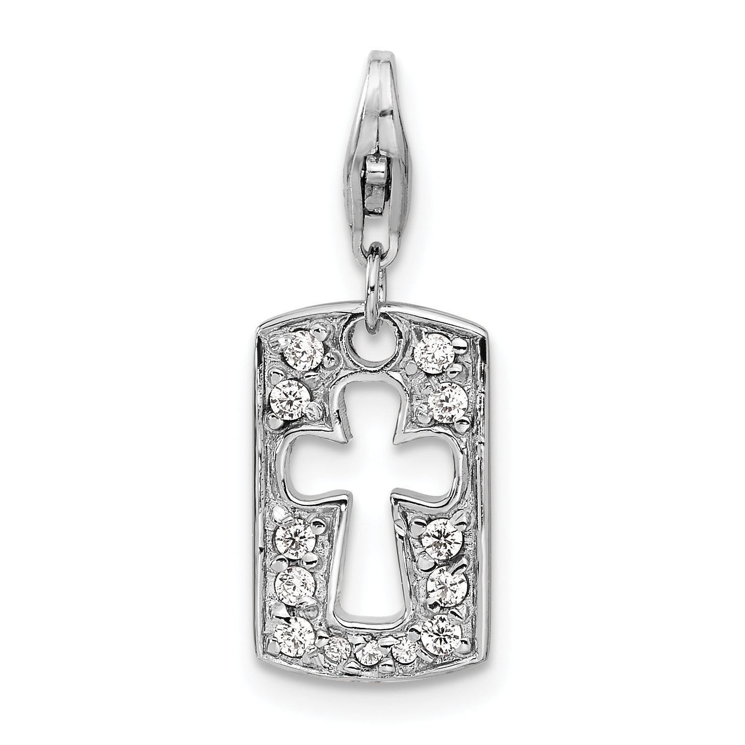 Amore La Vita Sterling Silver Rhodium-plated Polished Reversible CZ Cut-out Cross Faith Clip-on Charm with Fancy Lobster Clasp Main image