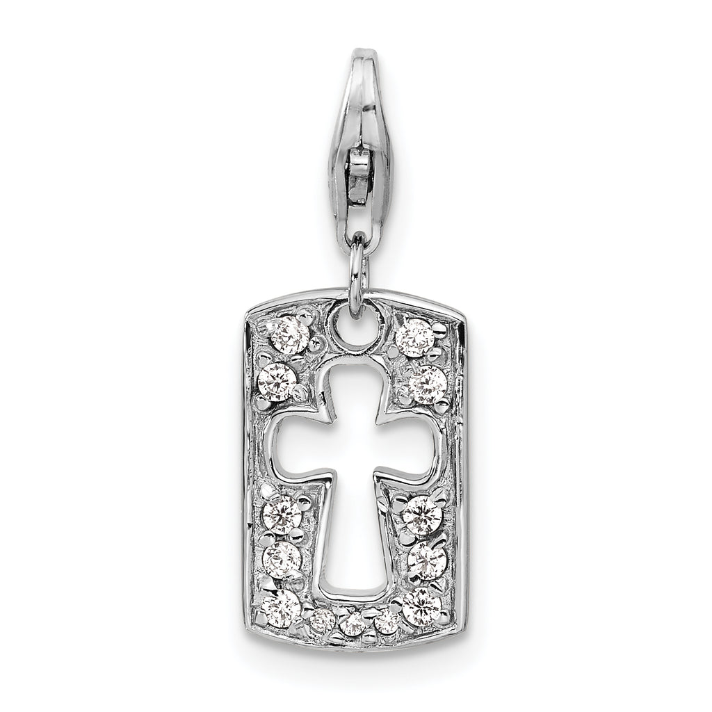 Amore La Vita Sterling Silver Rhodium-plated Polished Reversible CZ Cut-out Cross Faith Clip-on Charm with Fancy Lobster Clasp