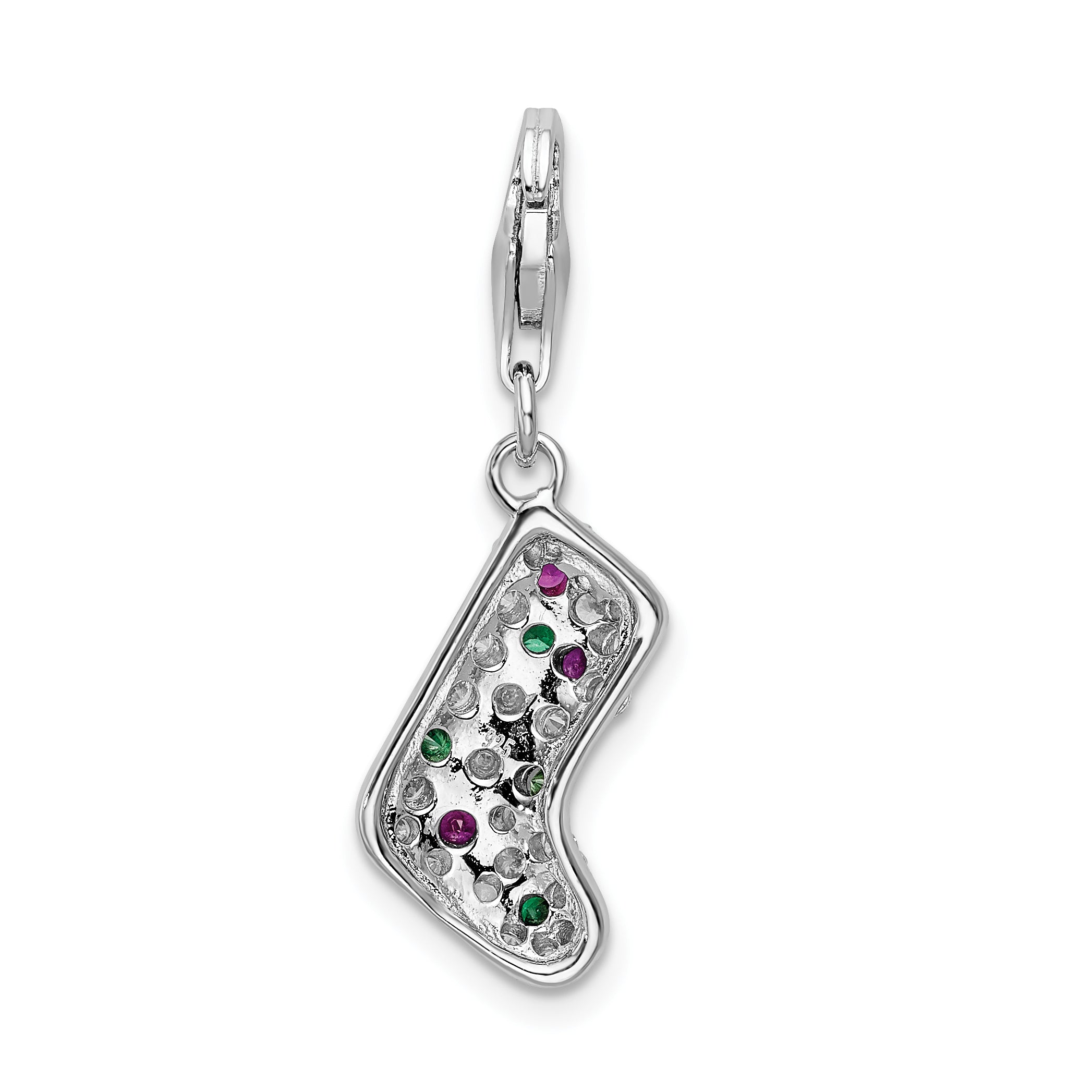 Amore La Vita Sterling Silver Rhodium-plated Polished Green Red and White CZ Stocking Charm with Fancy Lobster Clasp
