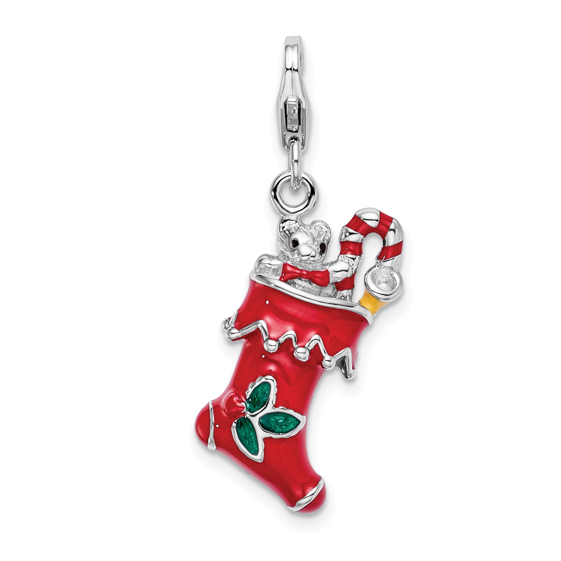 Amore La Vita Sterling Silver Rhodium-plated Polished 3-D Red Enameled Holiday Stocking Charm with Fancy Lobster Clasp Main image