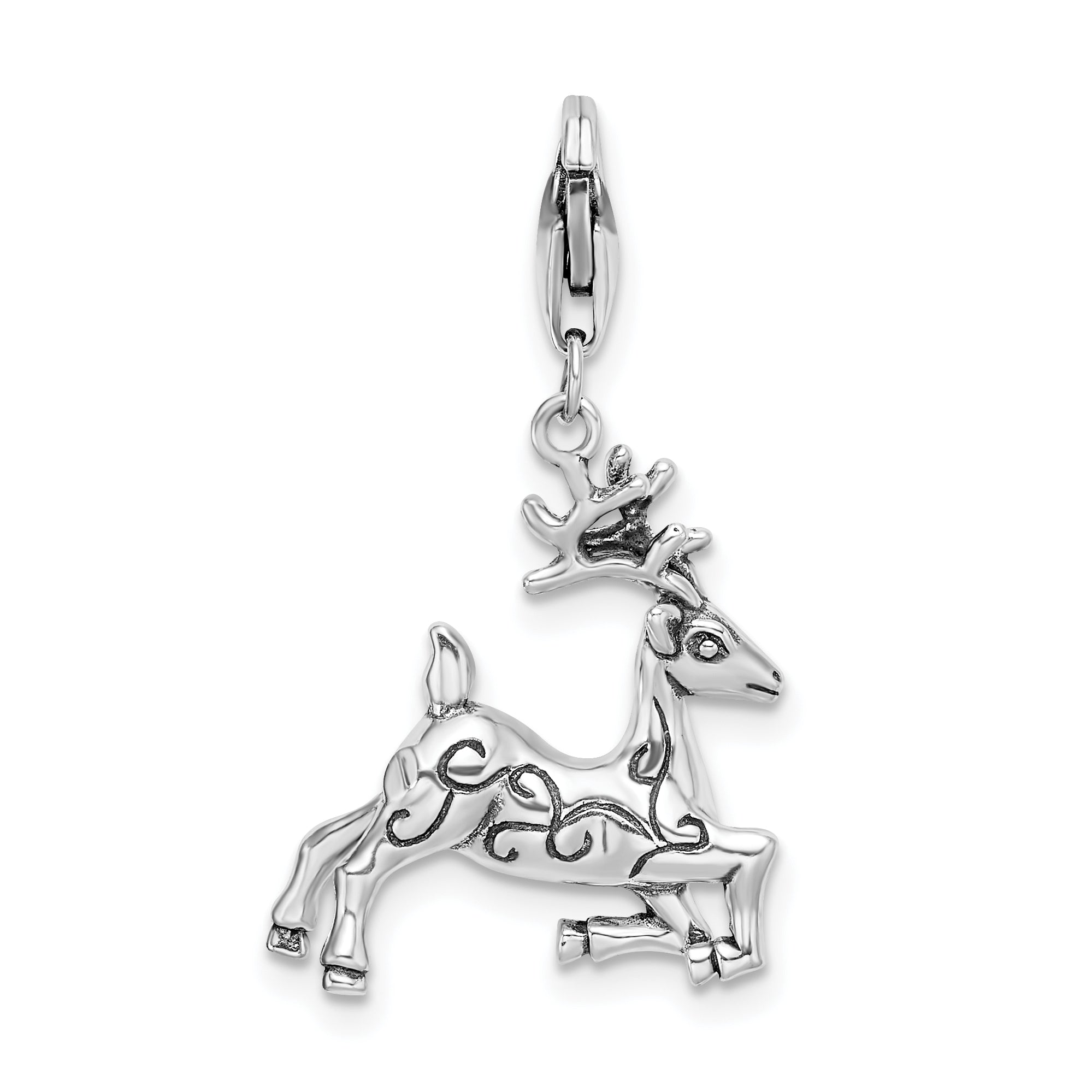 Amore La Vita Sterling Silver 3-D Polished Reindeer Charm with Fancy Lobster Clasp