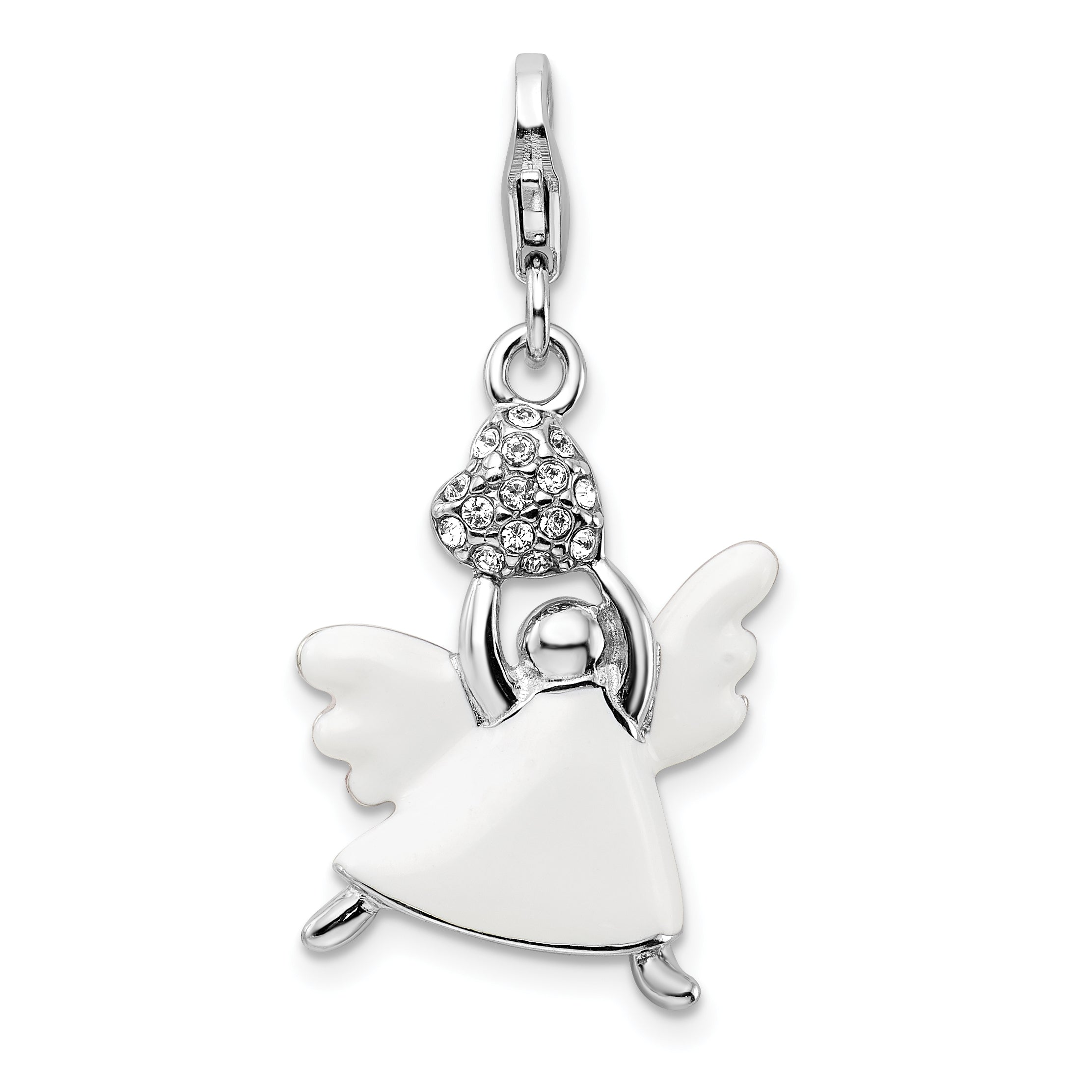 Amore La Vita Sterling Silver Rhodium-plated Polished 3-D White Enameled Crystal From Swarovski Angel Charm with Fancy Lobster Clasp Main image