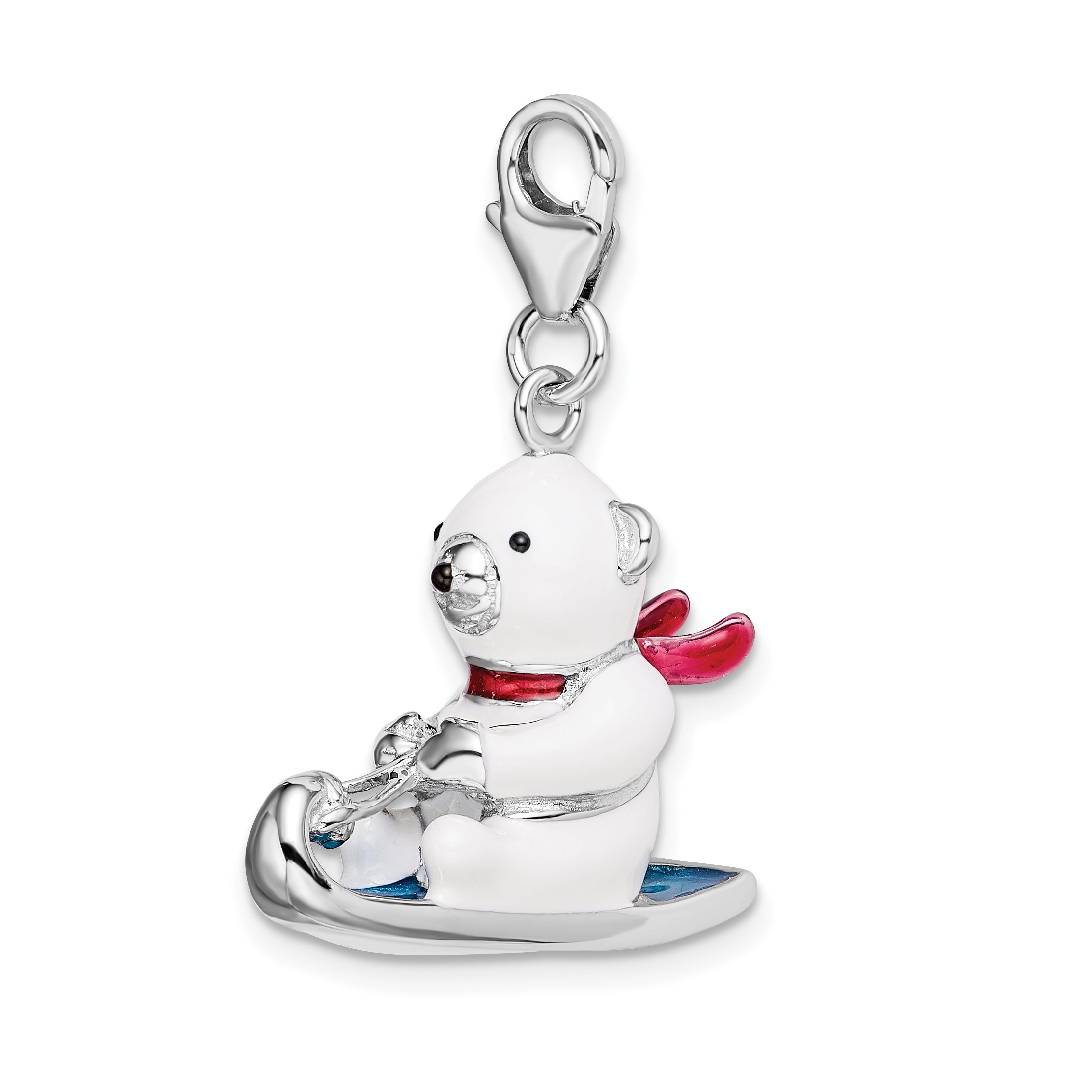 Amore La Vita Sterling Silver Rhodium-plated Polished 3-D Enameled Polar Bear on Sled Charm with Fancy Lobster Clasp