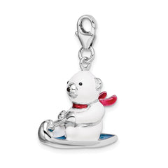 Amore La Vita Sterling Silver Rhodium-plated Polished 3-D Enameled Polar Bear on Sled Charm with Fancy Lobster Clasp