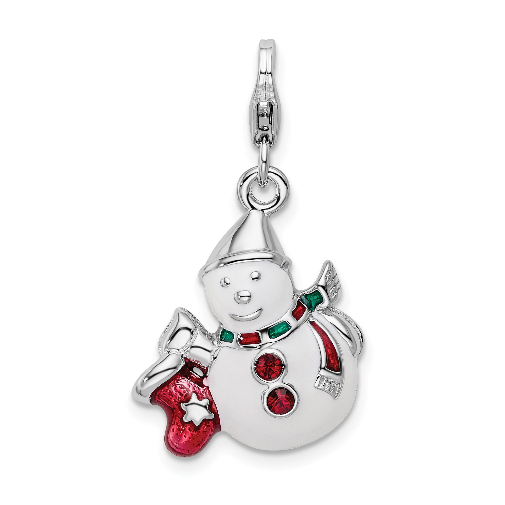 Amore La Vita Sterling Silver Rhodium-plated Polished 3-D Enameled Crystal From Swarovski Snowman Charm with Fancy Lobster Clasp Main image
