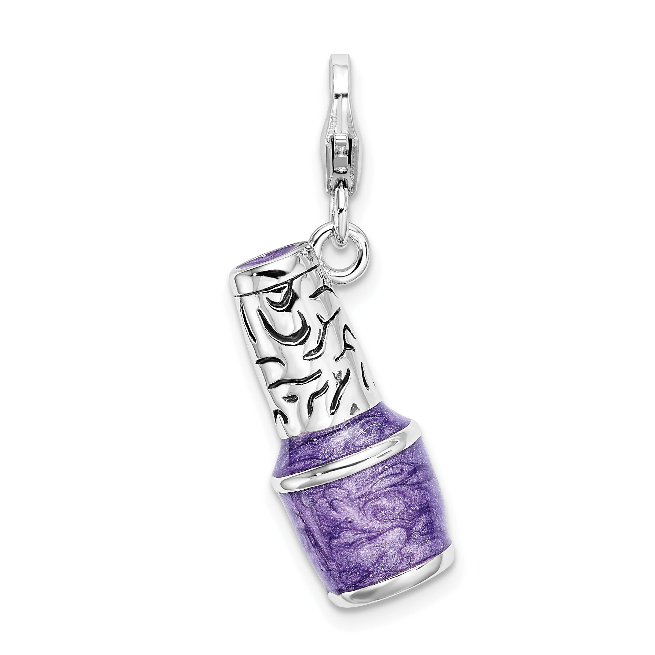 Amore La Vita Sterling Silver Rhodium-plated Polished 3-D Enameled Purple Nail Polish Bottle Charm with Fancy Lobster Clasp Main image