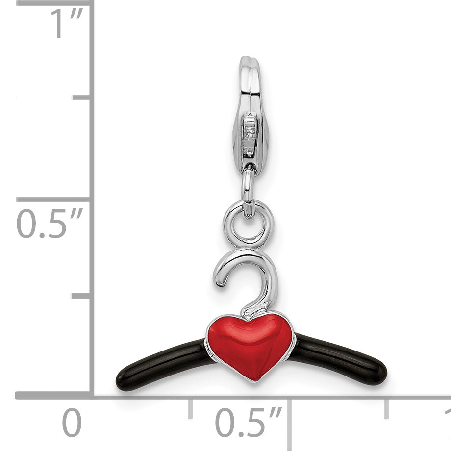 Amore La Vita Sterling Silver Rhodium-plated Polished 3-D Black and Red Enameled Heart Hanger Charm with Fancy Lobster Clasp