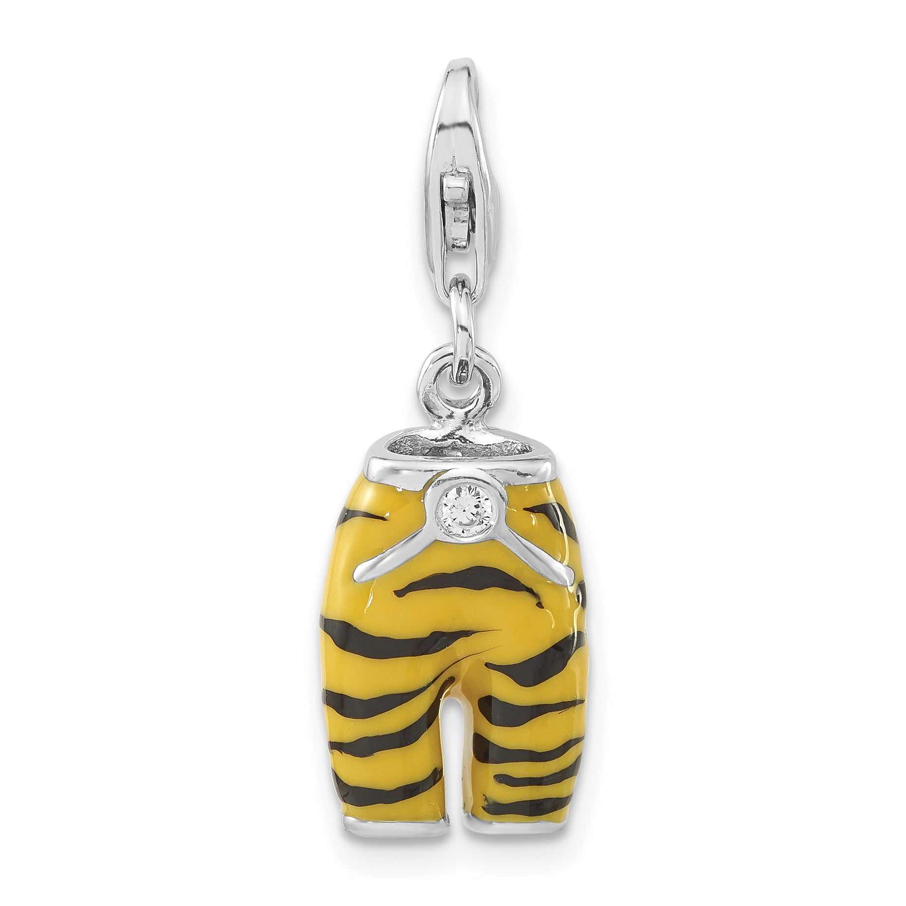 Sterling Silver 3-D Polished CZ Yellow/Black Enamel Tiger Pants Charm w/ Lobster Clasp Main image