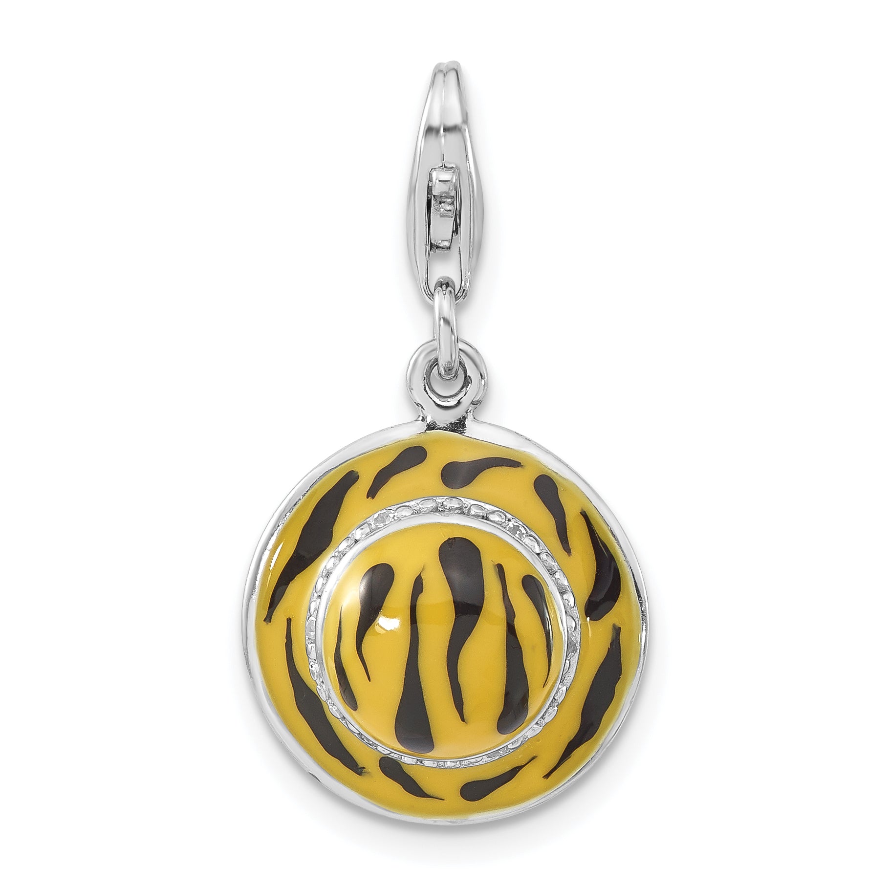 Sterling Silver 3-D Polished CZ Yellow/Black Enamel Tiger Hat Charm w/ Lobster Clasp Main image