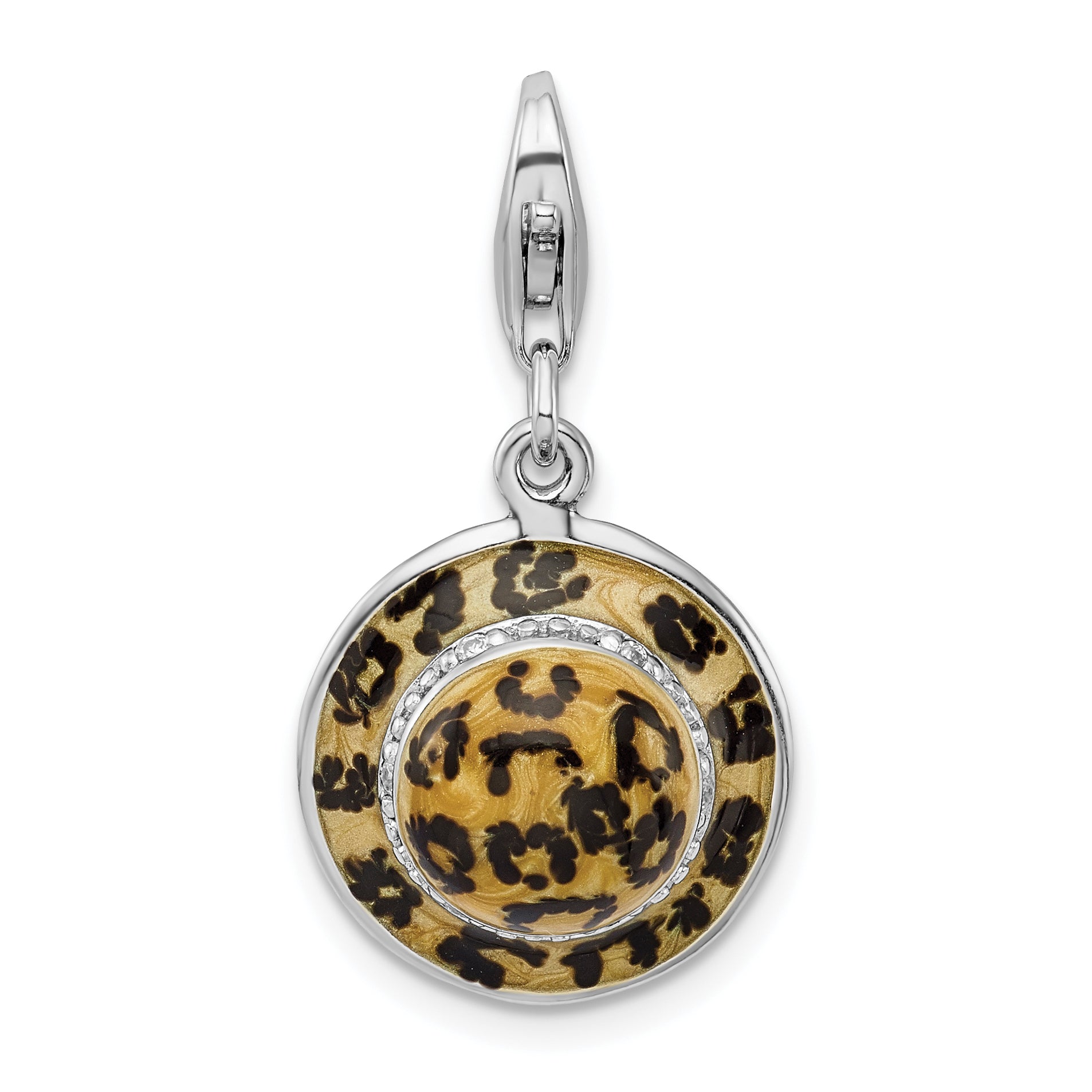 Amore La Vita Sterling Silver Rhodium-plated Polished 3-D CZ Enameled Leopard Hat Charm with Fancy Lobster Clasp Main image