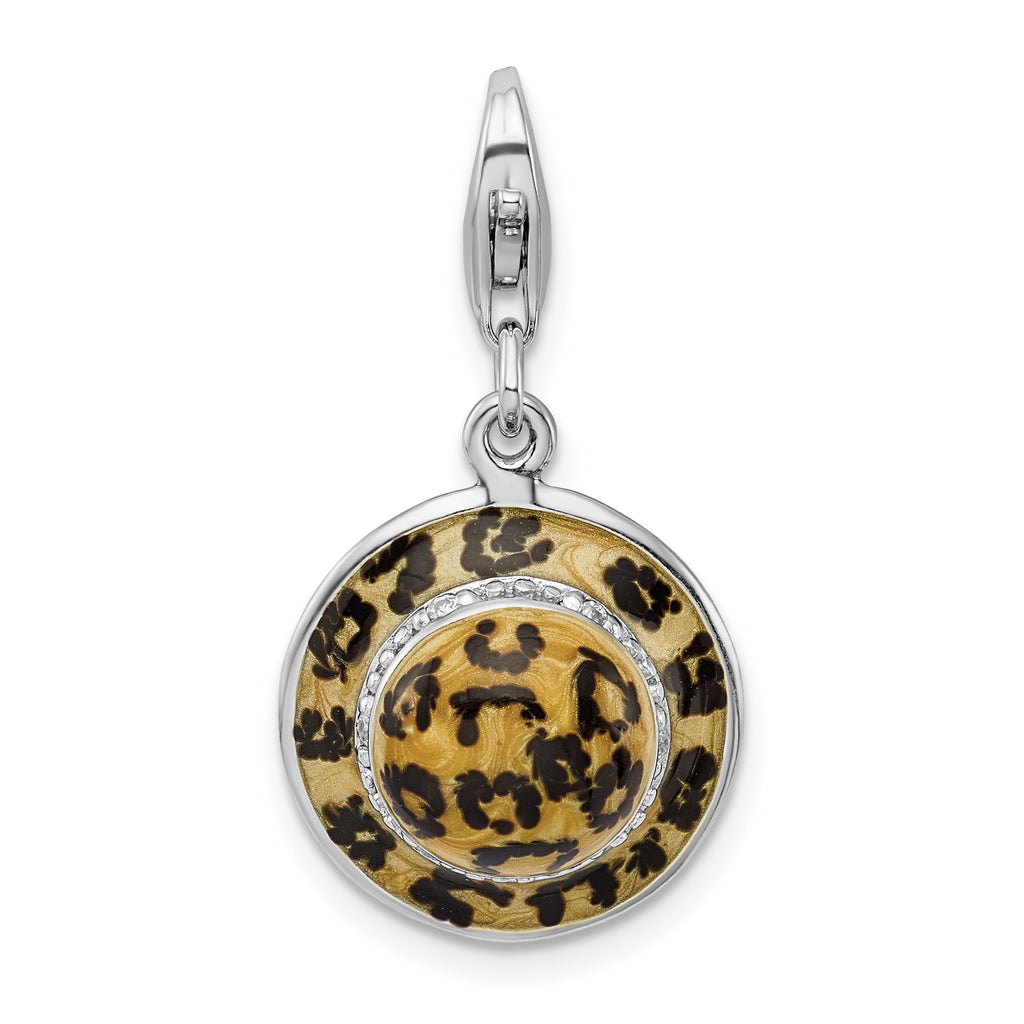 Amore La Vita Sterling Silver Rhodium-plated Polished 3-D CZ Enameled Leopard Hat Charm with Fancy Lobster Clasp