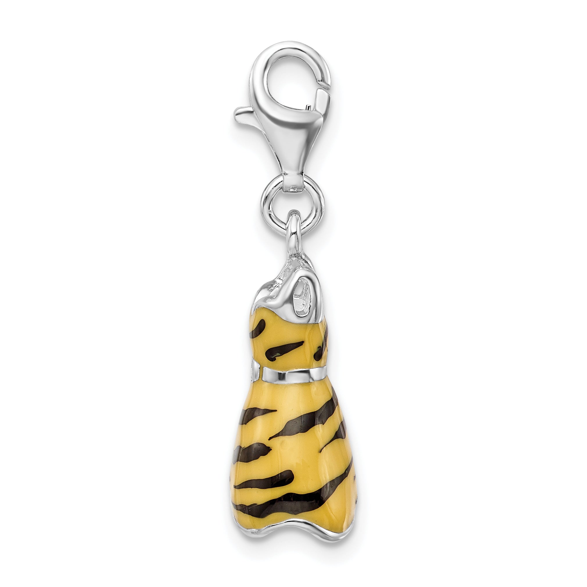 Amore La Vita Sterling Silver Rhodium-plated Polished 3-D CZ Enameled Tiger Dress Charm with Fancy Lobster Clasp Secondary image