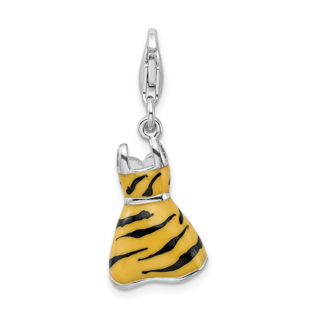 Amore La Vita Sterling Silver Rhodium-plated Polished 3-D CZ Enameled Tiger Dress Charm with Fancy Lobster Clasp